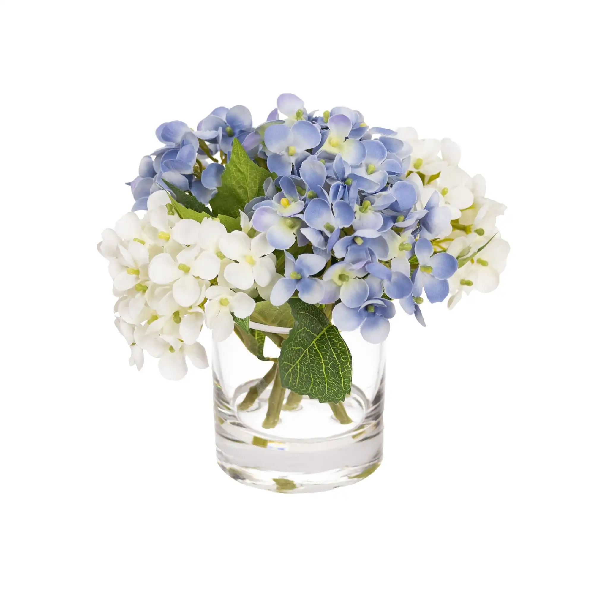 Glamorous Fusion Blue & White Hydrangea Artificial Fake Plant Decorative Mixed Arragement 18cm In Glass