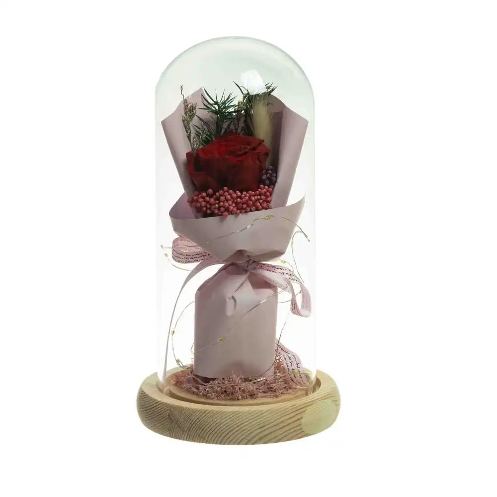 Glamorous Fusion Red Floral Artificial Fake Plant Decorative 21cm In Glass Dome