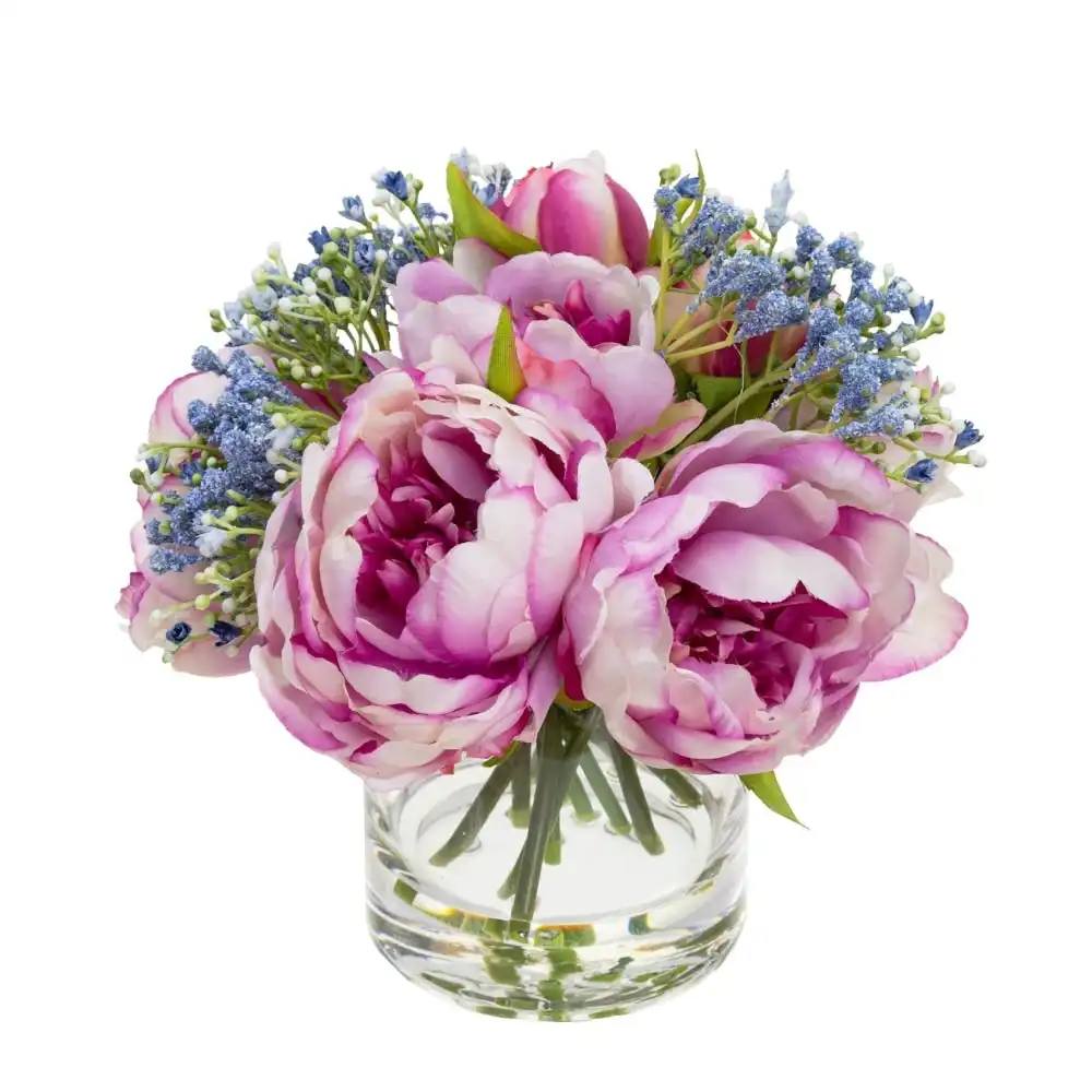 Glamorous Fusion Lilac Peony Rose  Artificial Fake Plant Decorative Arrangement 25cm In Glass