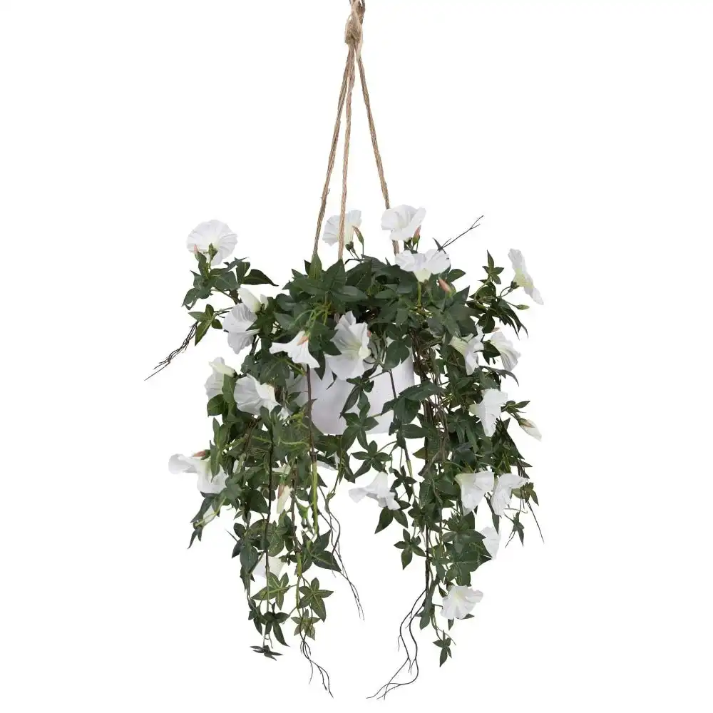 Glamorous Fusion Morning Glory Artificial Fake Plant Decorative Arrangement 86cm In Hanging Planter Cream