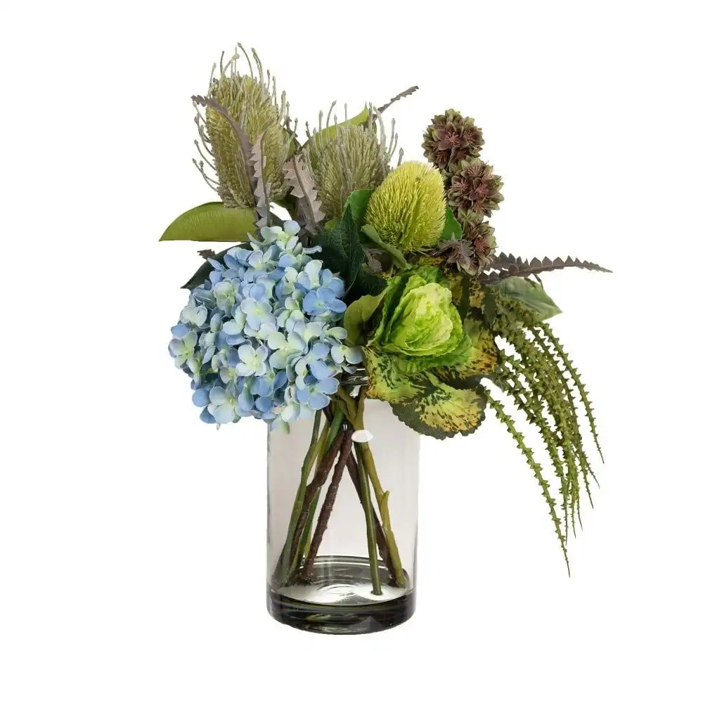 Glamorous Fusion Blue Hydrangea & Protea Mixed Arrangement Artificial Plants 45cm In Glass Blue