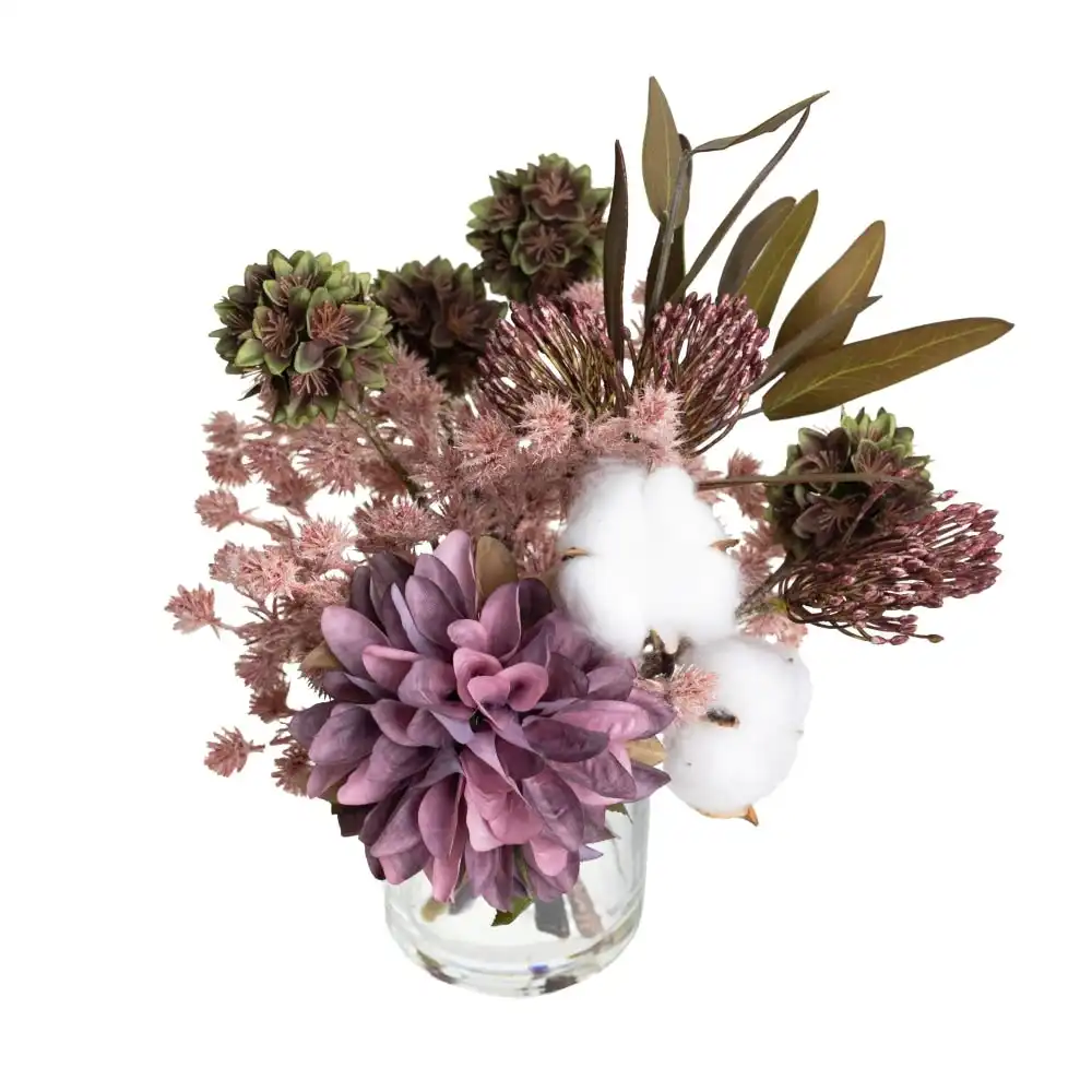Glamorous Fusion Lavender Dahlia & Cotton Artificial Fake Plant Decorative Arrangement 25cm In Glass