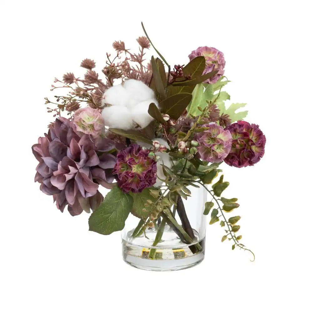 Glamorous Fusion Lavender Dahlia & Cotton Artificial Fake Plant Decorative Arrangement 25cm In Glass