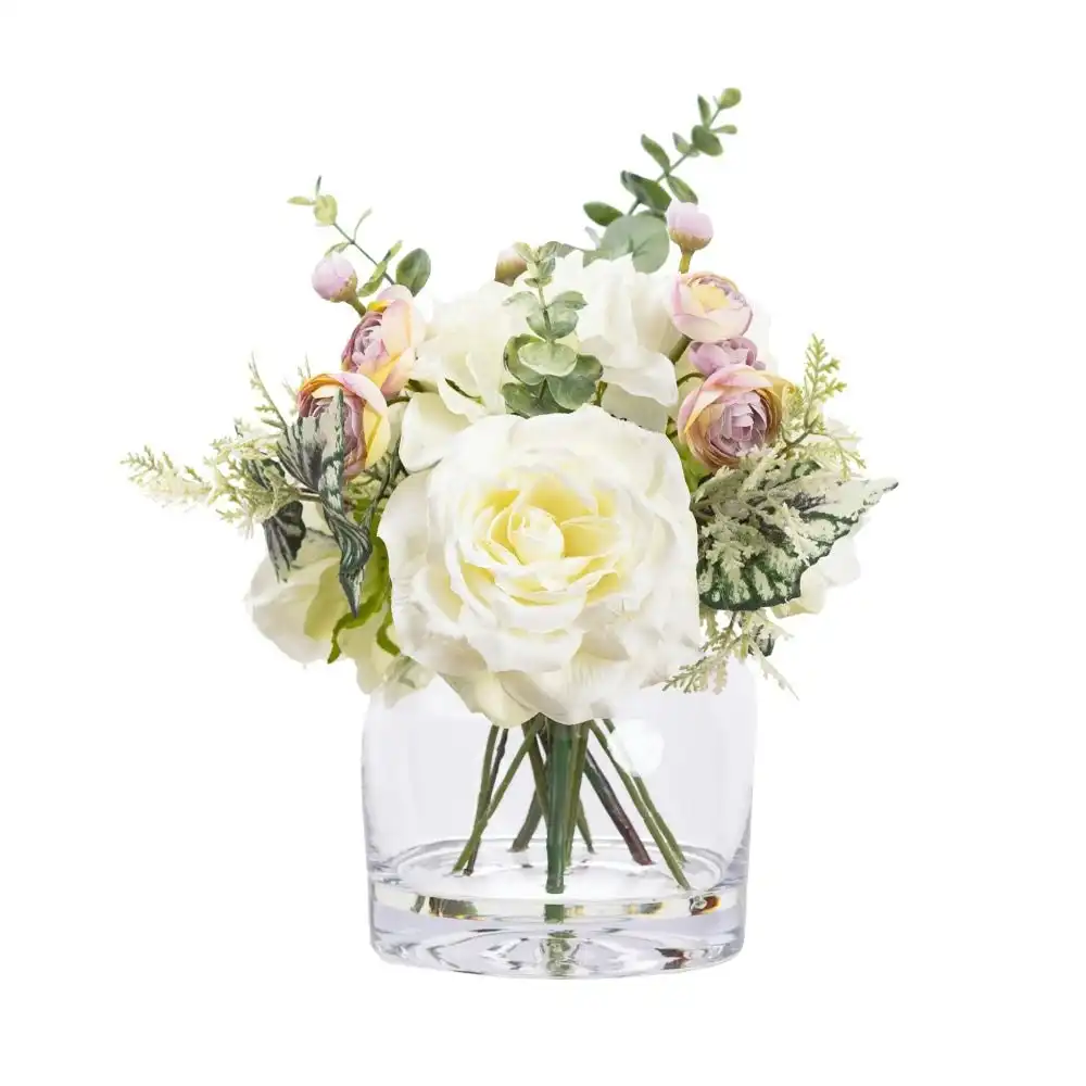 Glamorous Fusion Rose & Ranunculus Mixed Artificial Fake Plant Decorative Arrangement 30cm In Glass