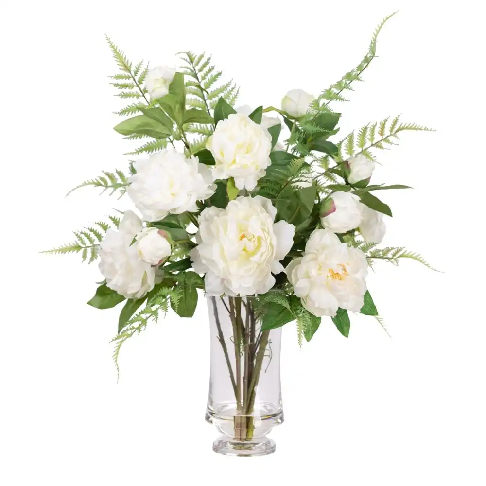 Glamorous Fusion Large Peony Arrangement Artificial Fake Plants Decoration 65cm In Glass White