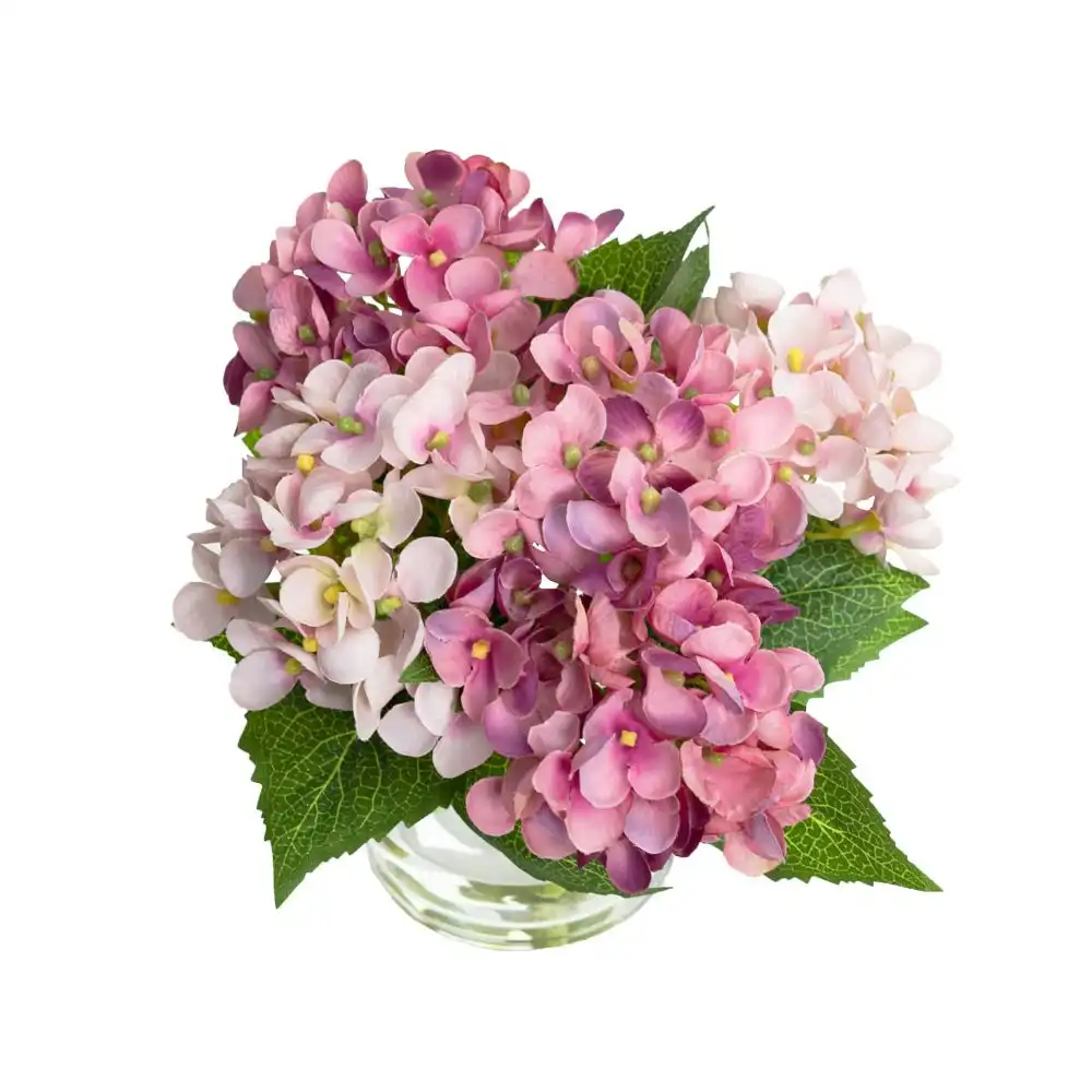 Glamorous Fusion Pink Hydrangea Artificial Fake Plant Decorative Mixed Arragement 18cm In Glass