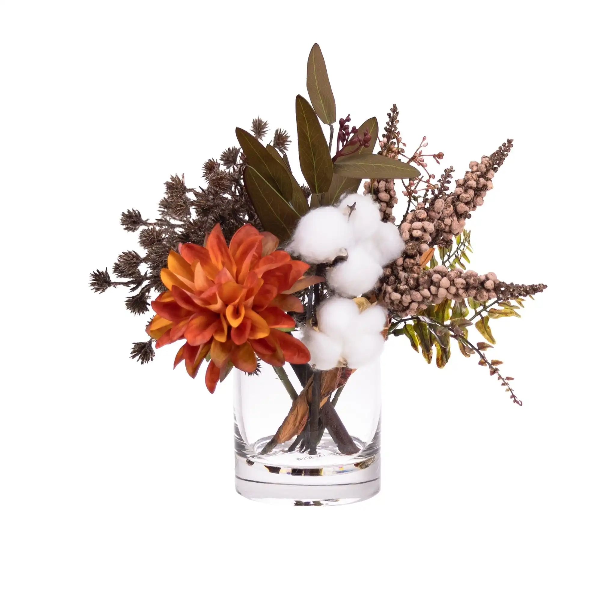 Glamorous Fusion Burnt Orange Dahlia & Cotton Artificial Fake Plant Decorative Arrangement 25cm In Glass