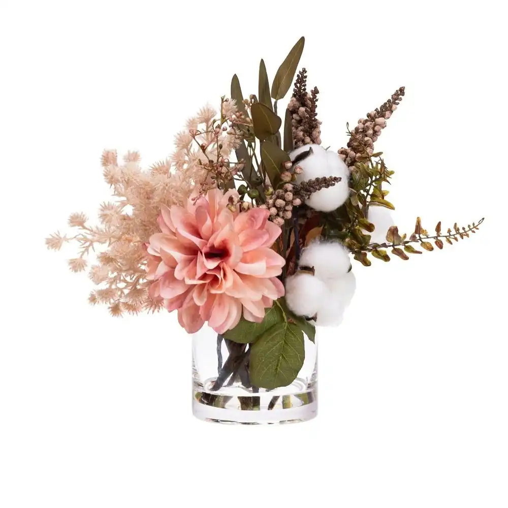 Glamorous Fusion Dusty Pink Dahlia & Cotton Artificial Fake Plant Decorative Arrangement 25cm In Glass