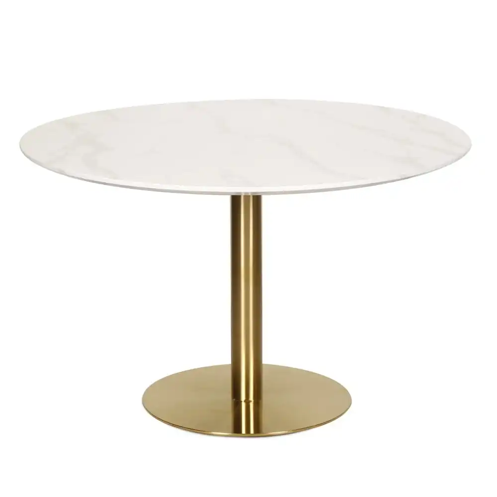 Elskar Round Dining Table With Marble Effect 120cm - Gold Metal Frame - White Agaria