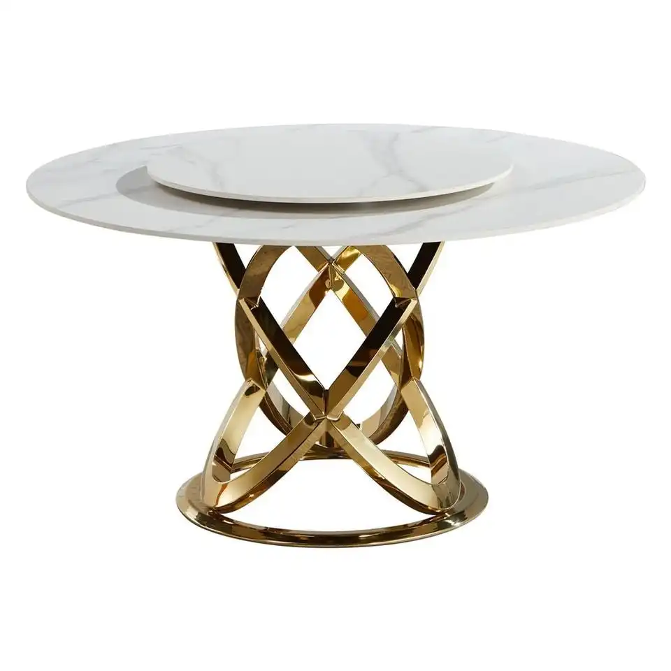 Hayes Luxurious Sintered Stone Round Dining Table 130cm W/ Lazy Susan - White & Gold