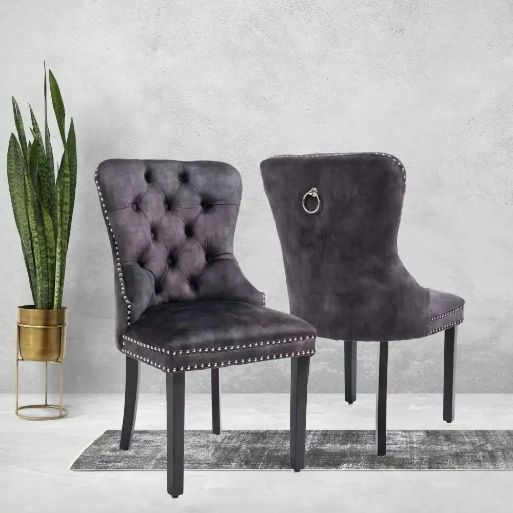 HomeStar Set Of 2 Regent Velvet Fabric Tufted Kitchen Dining Chair Solid Wood Legs - Luxe Grey