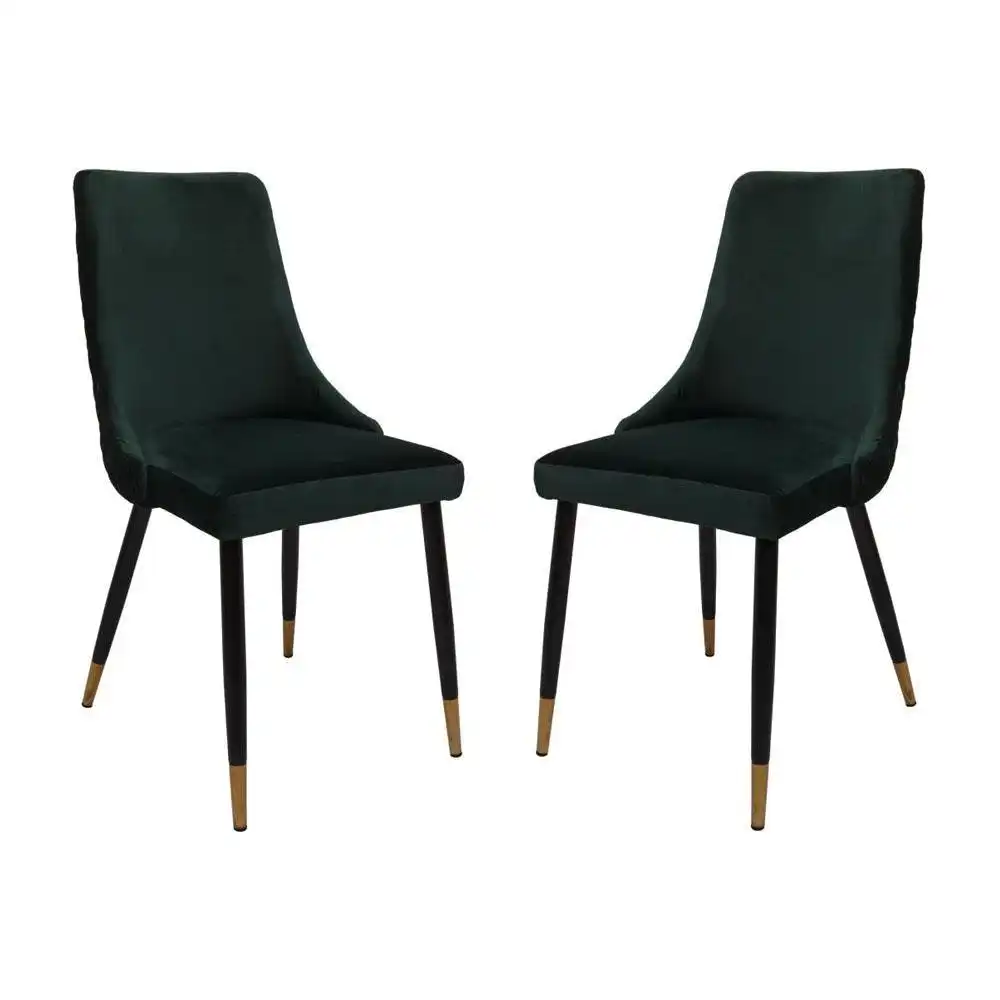 Set of 2 Kira Velvet Fabric Dining Chair Black Metal Legs - Emerald