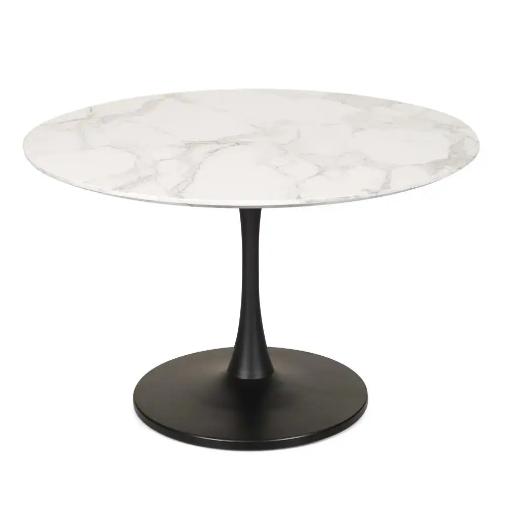 Cecil Round Dining Table Marble Effect 120cm - Matte Black Frame - White Sevella