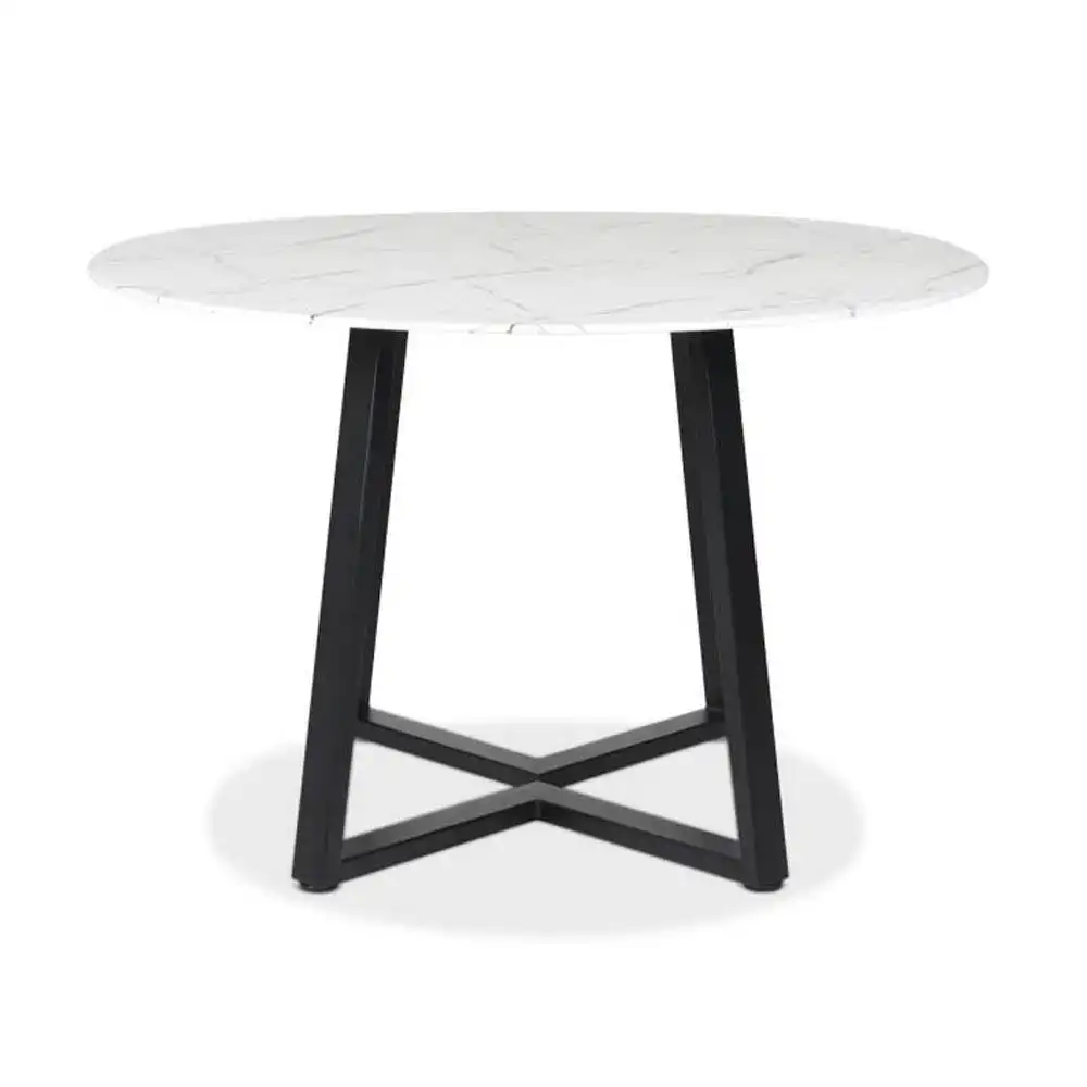 Lou Round Dining Table With Marble Effect 120cm - Black Metal Frame - White Amore