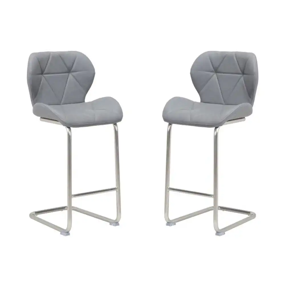Set of 2 Terry Faux Leather Bar Stool 66cm - Brused Stainless Legs - Grey