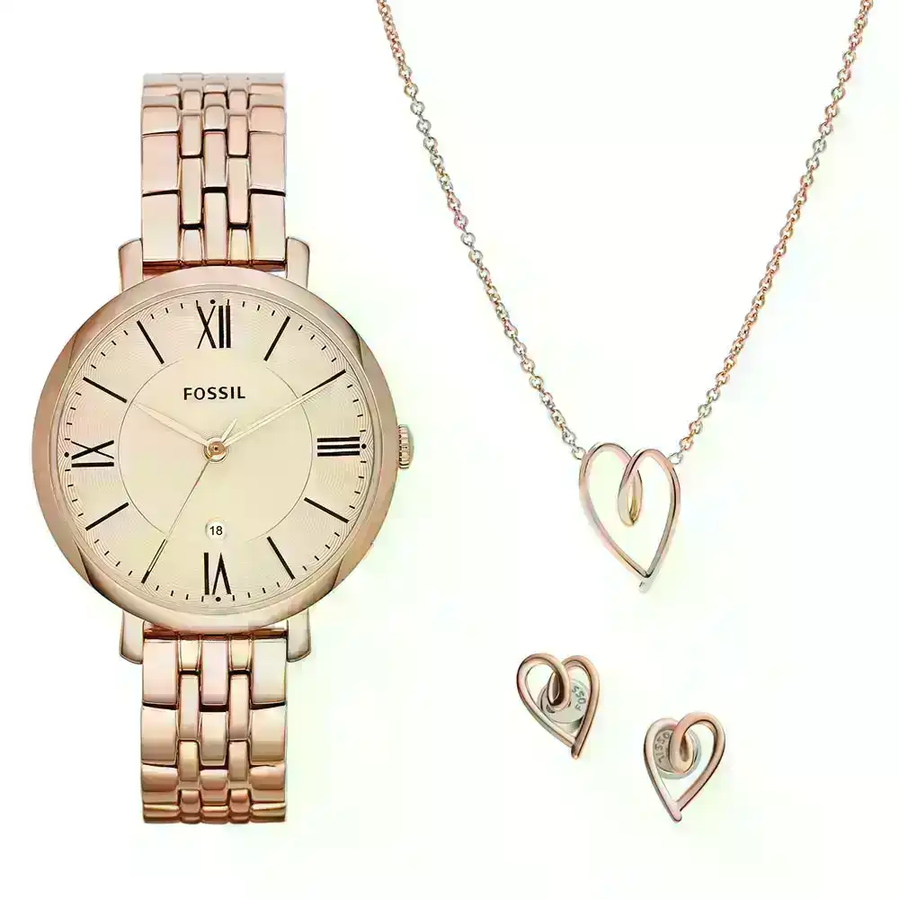 Fossil ES5252SET Jacqueline Rose Tone Watch with Necklace and Earrings