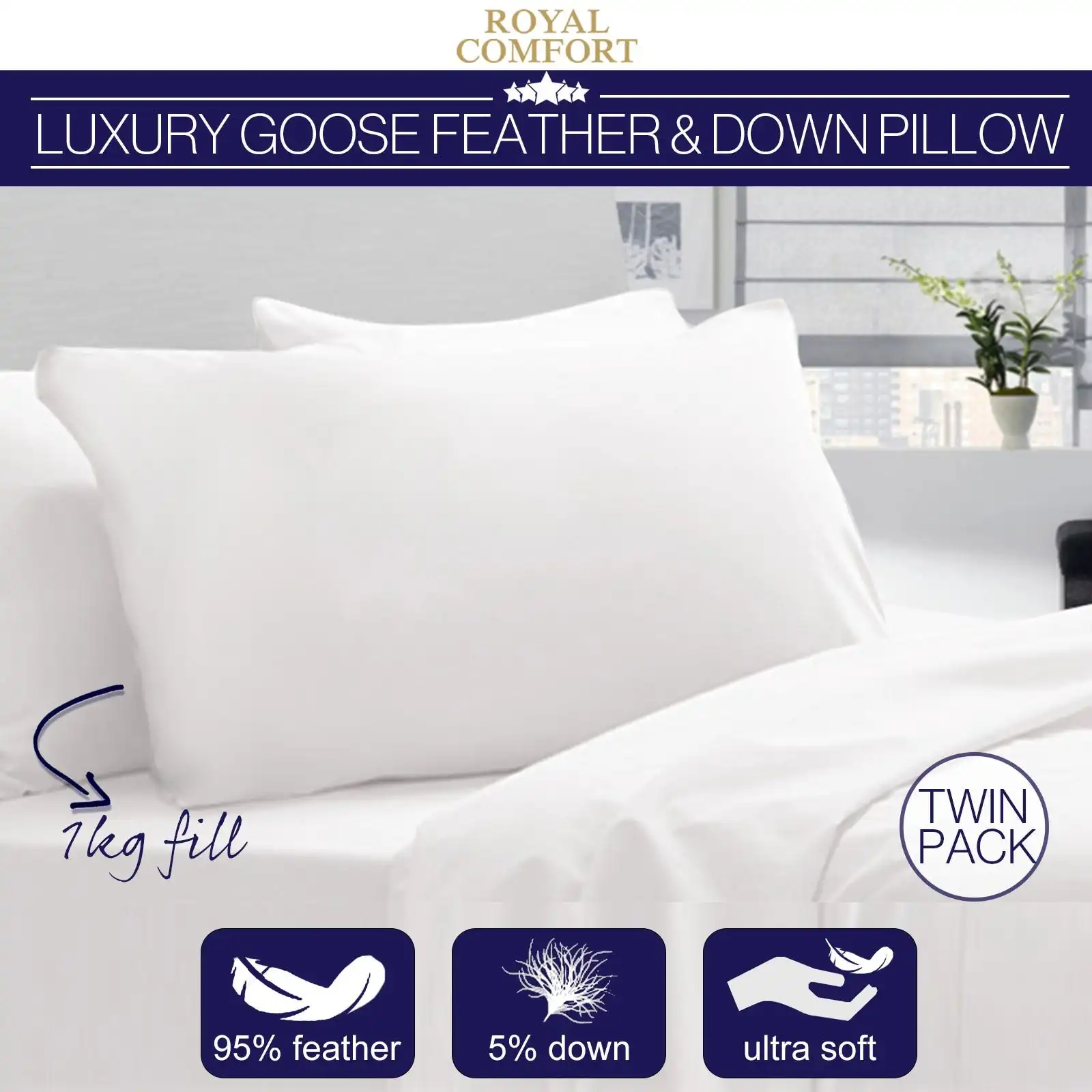 Royal Comfort Goose Down Feather Pillows 1000GSM 100% Cotton Cover - Twin Pack