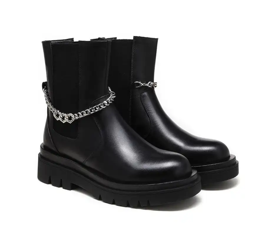 EVERAU Black Leather Ankle Boots with Removable Metal Chain Decor Women Cheska
