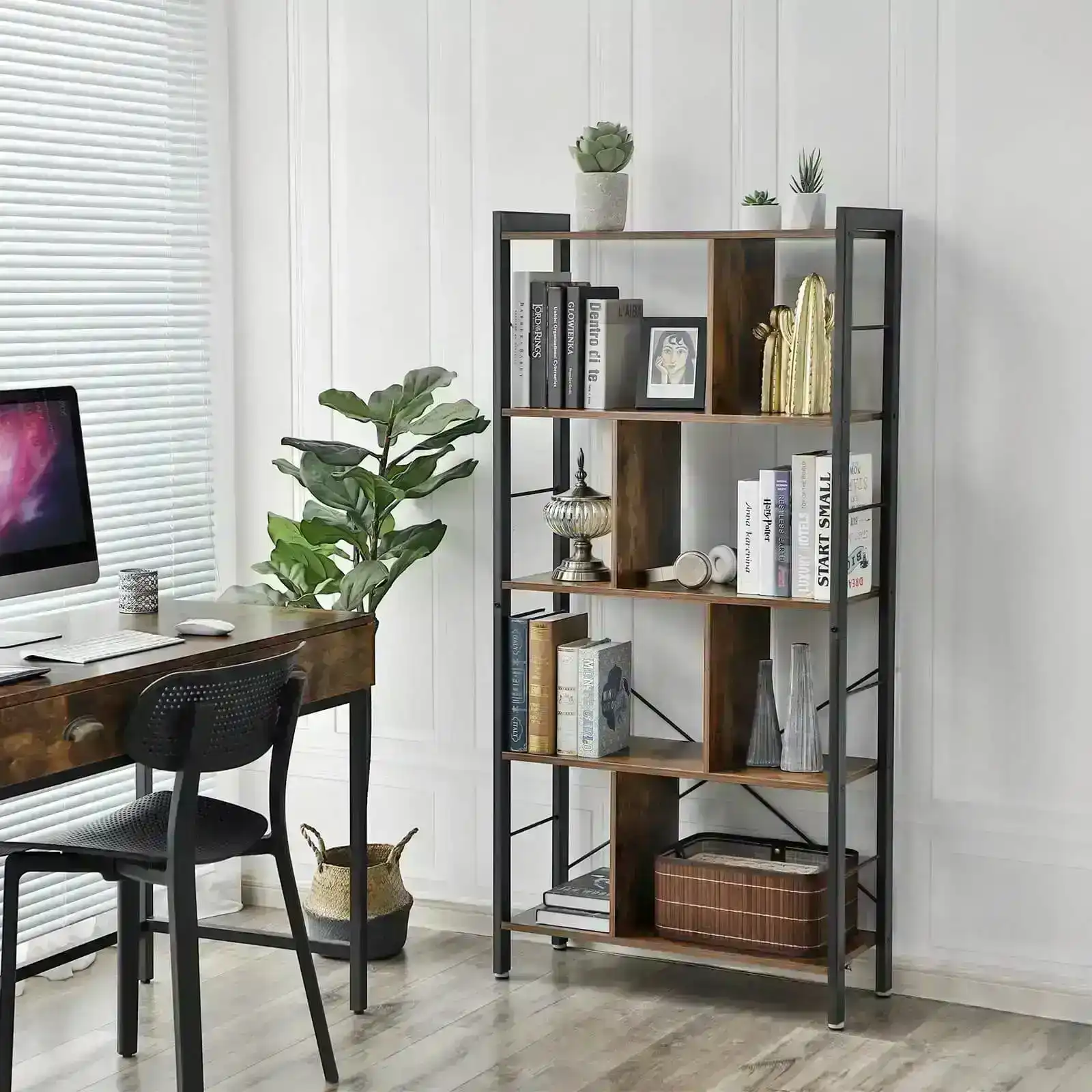 VASAGLE Industrial 4-Tier Wooden Bookshelf - Rustic Brown Bookcase with Steel Frame - Large Storage Space for Home and Office