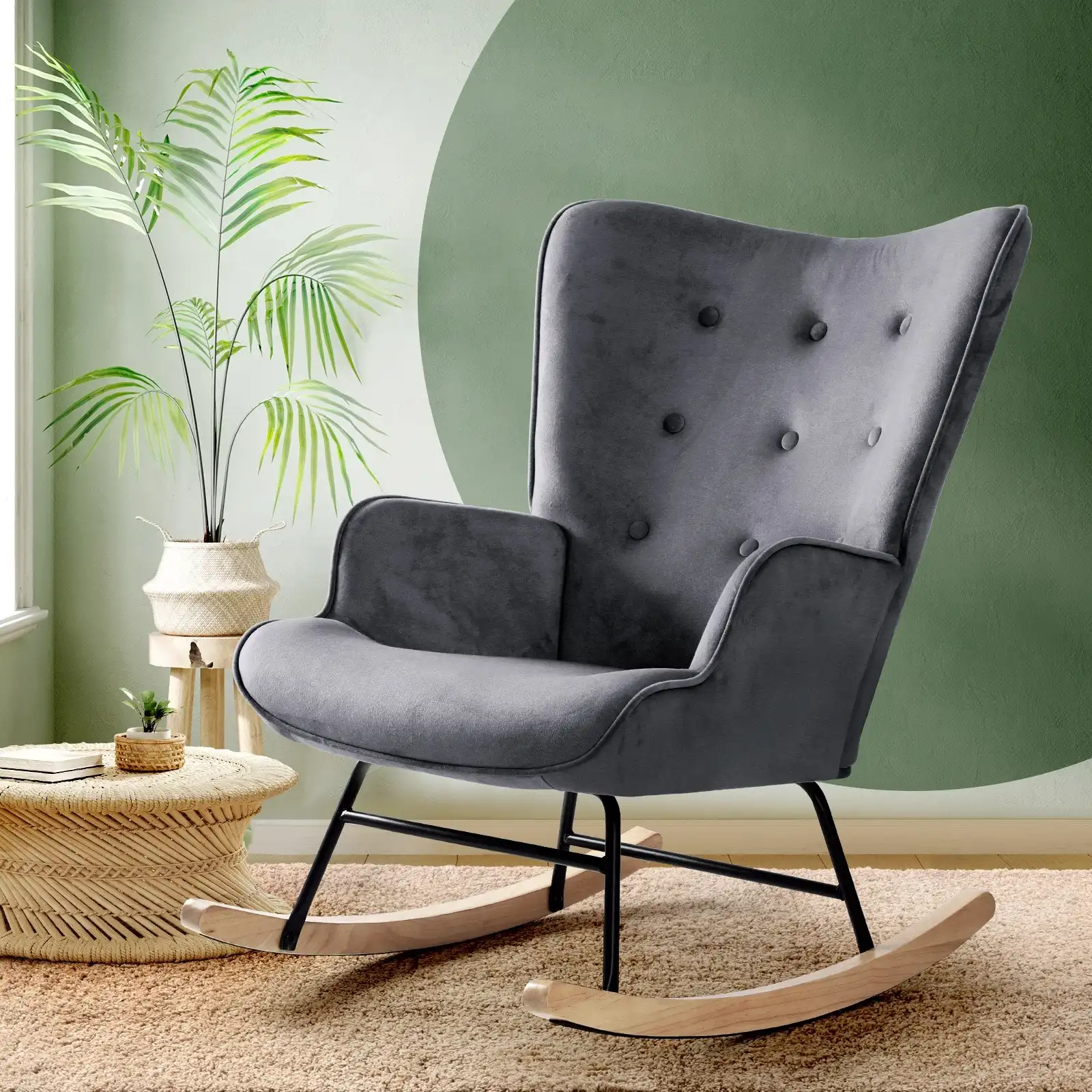 Oikiture Rocking Chair Nursing Armchair Velvet Accent Chairs Upholstered Grey1