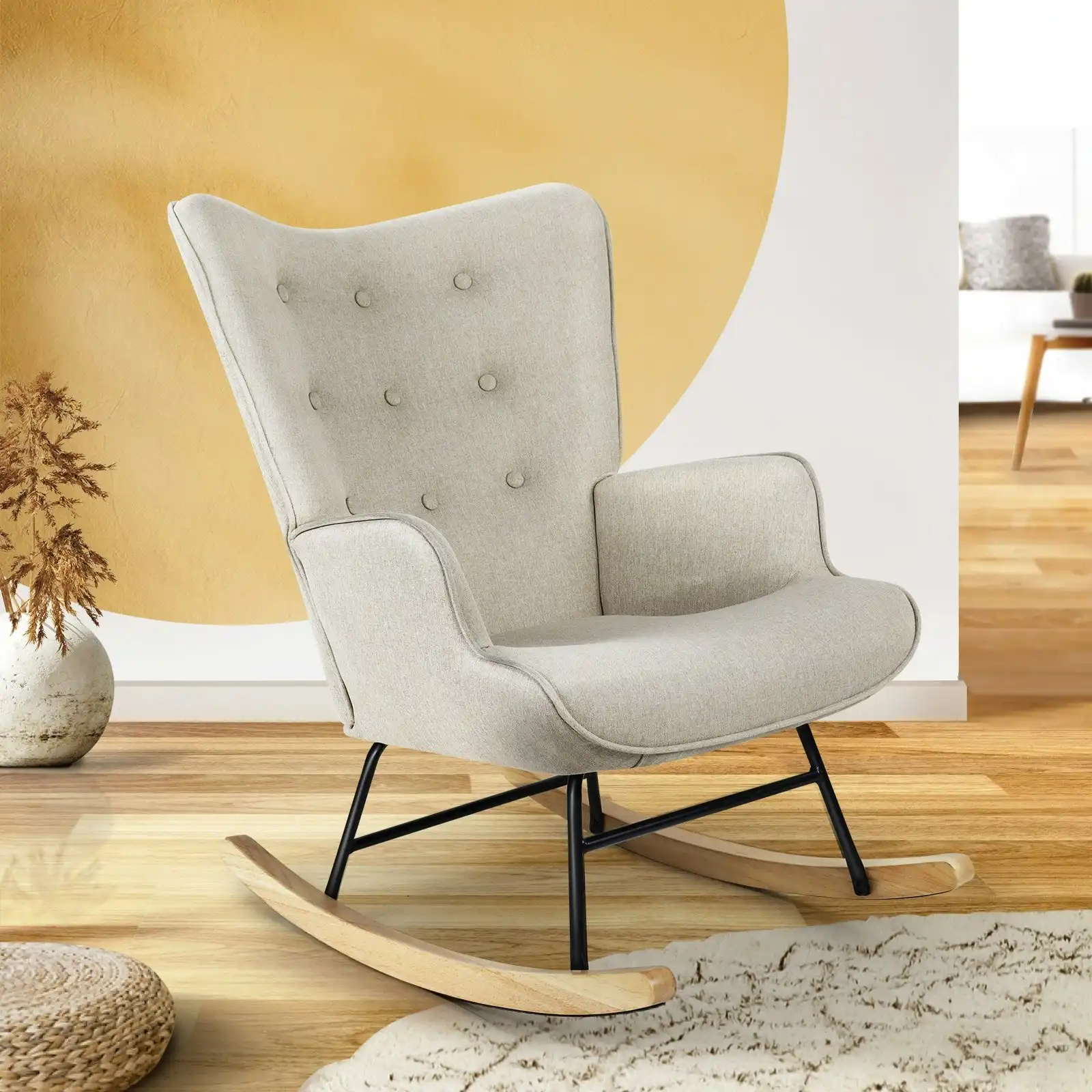 Oikiture Rocking Chair Nursing Armchair Linen Accent Chairs Upholstered Beige
