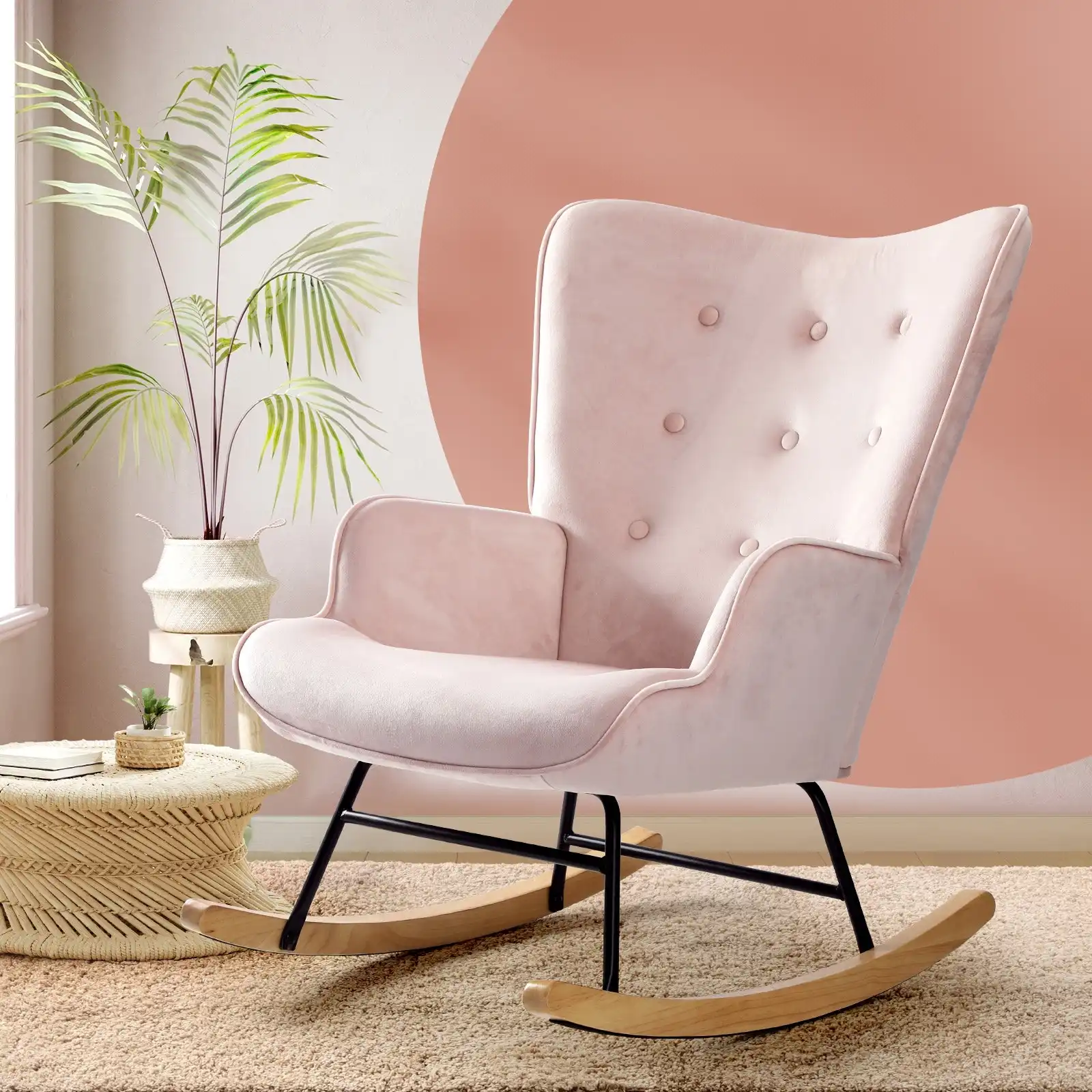 Oikiture Rocking Chair Nursing Armchair Velvet Accent Chairs Upholstered Pink