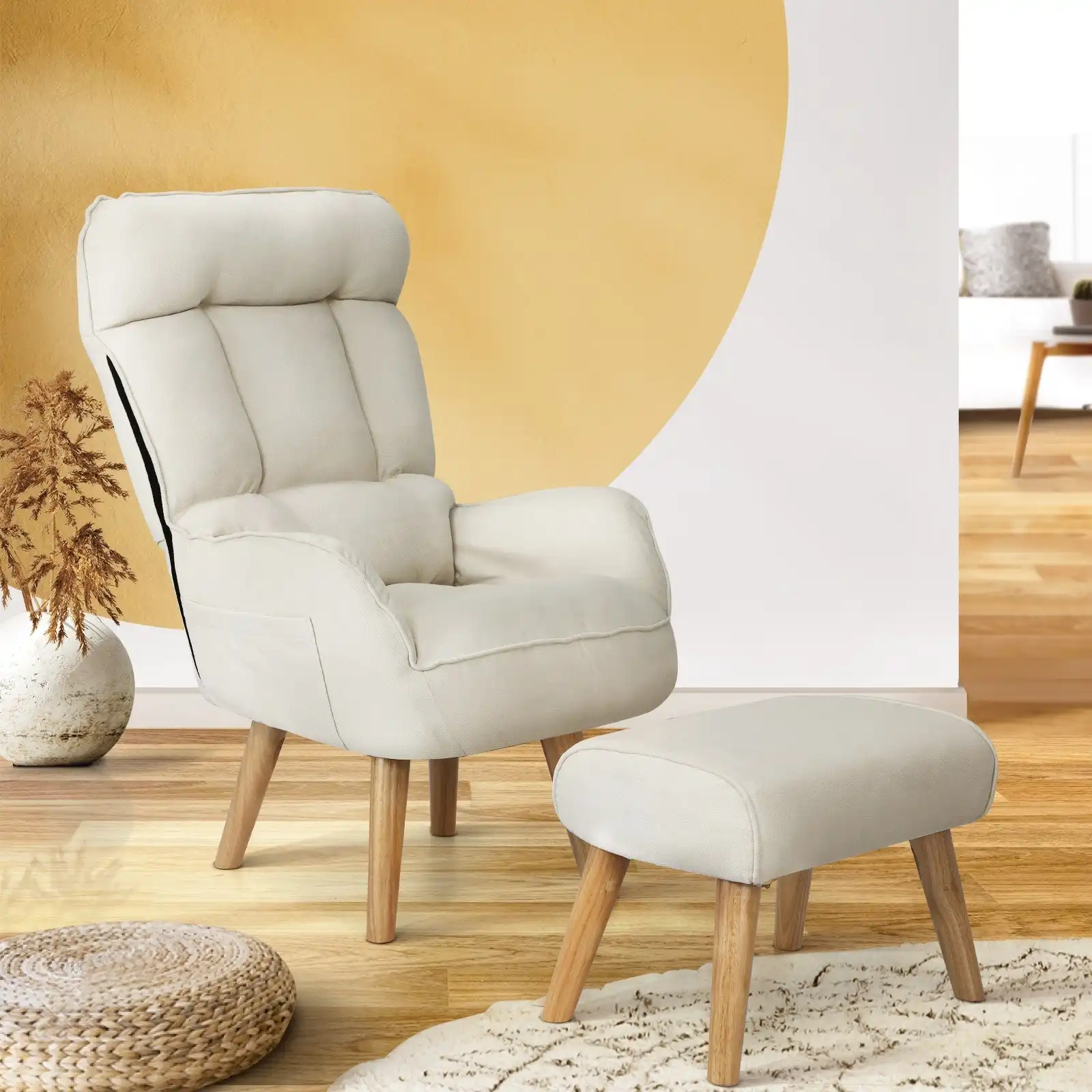 Oikiture Swivel Recliner Armchair Lounge Ottoman Accent Chair With Stool Beige