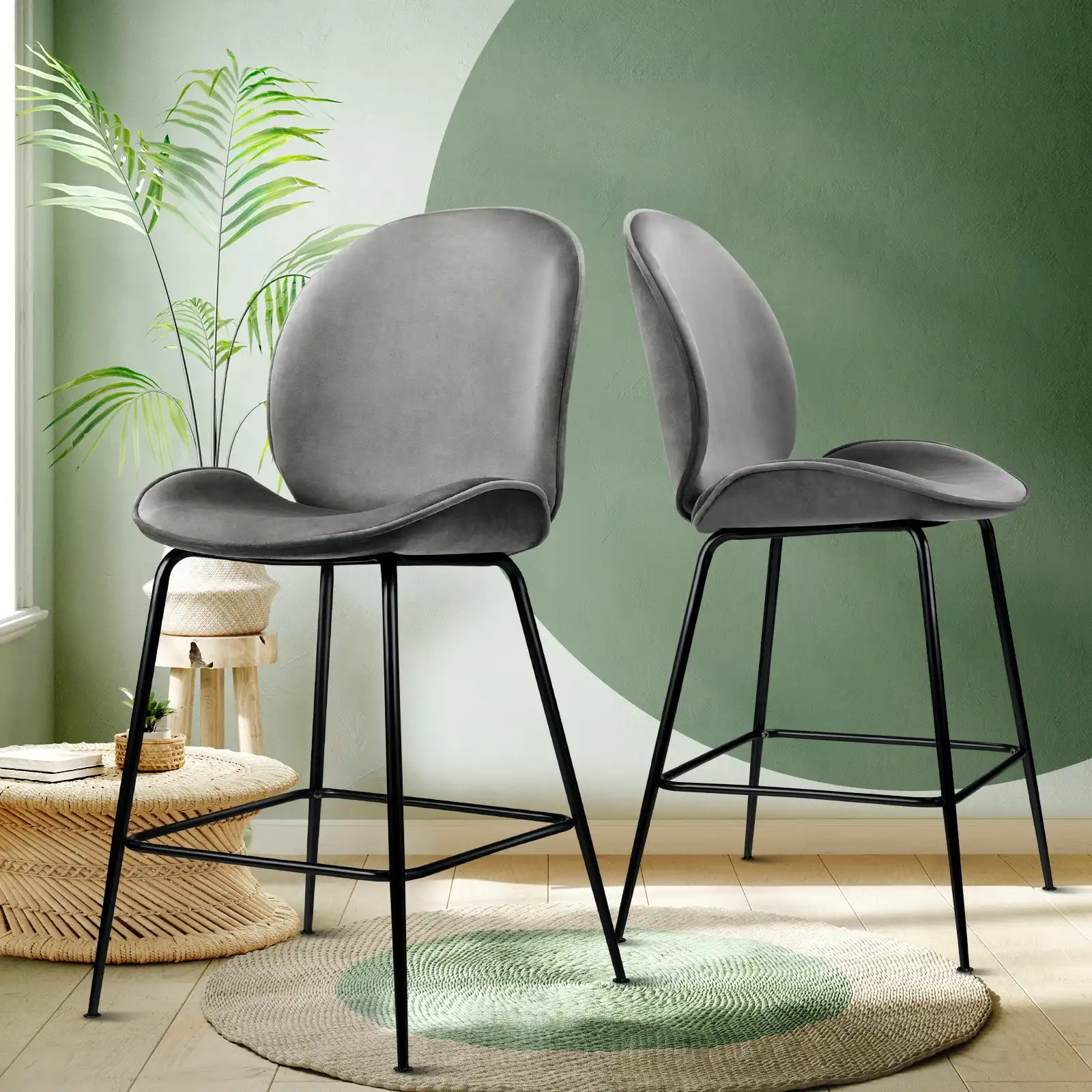 Oikiture Bar Stools Kitchen Stool Chairs Barstool Dining Chair Velvet Metal Grey