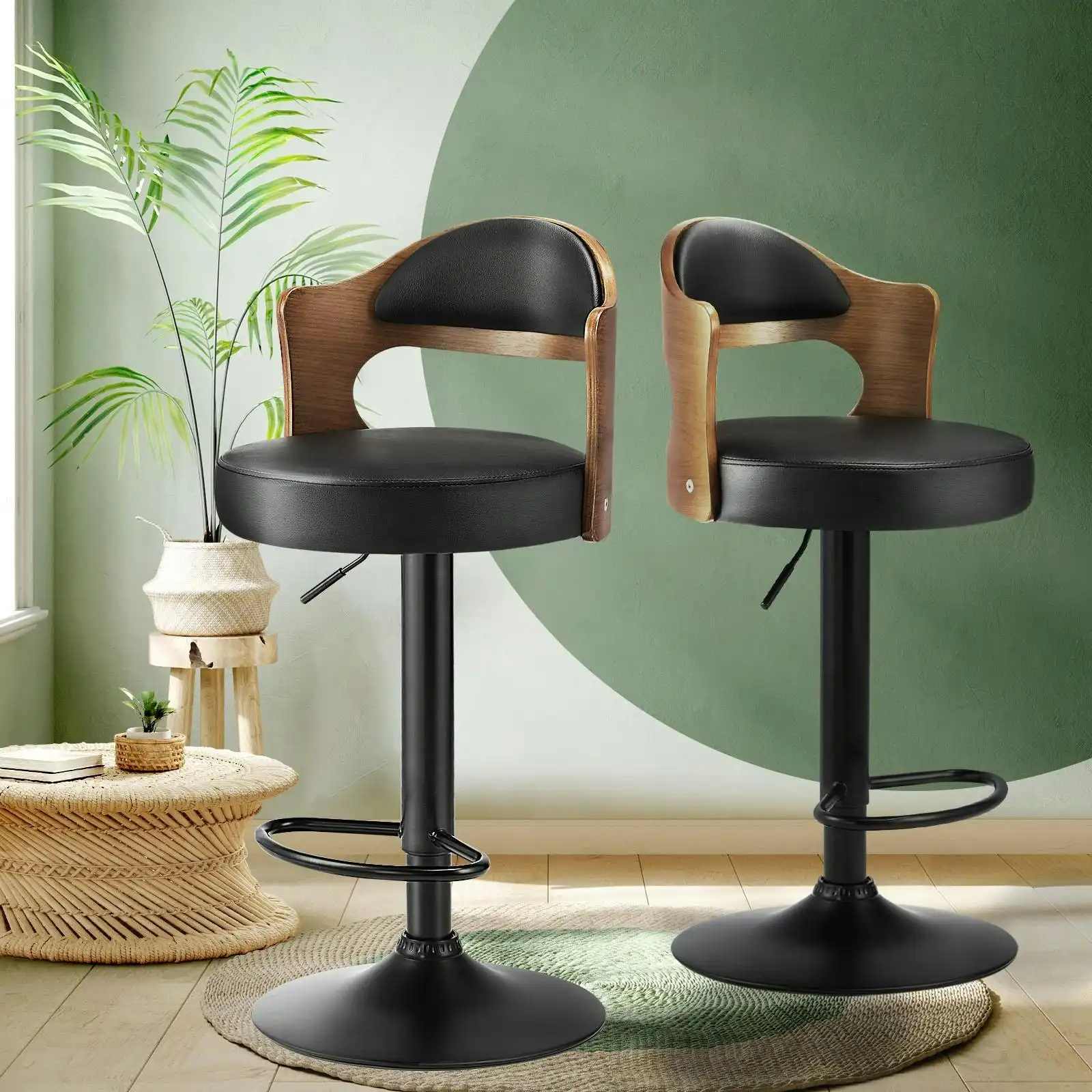 Oikiture Bar Stools Kitchen Swivel Barstool Chair Gas Lift Metal Leather x2