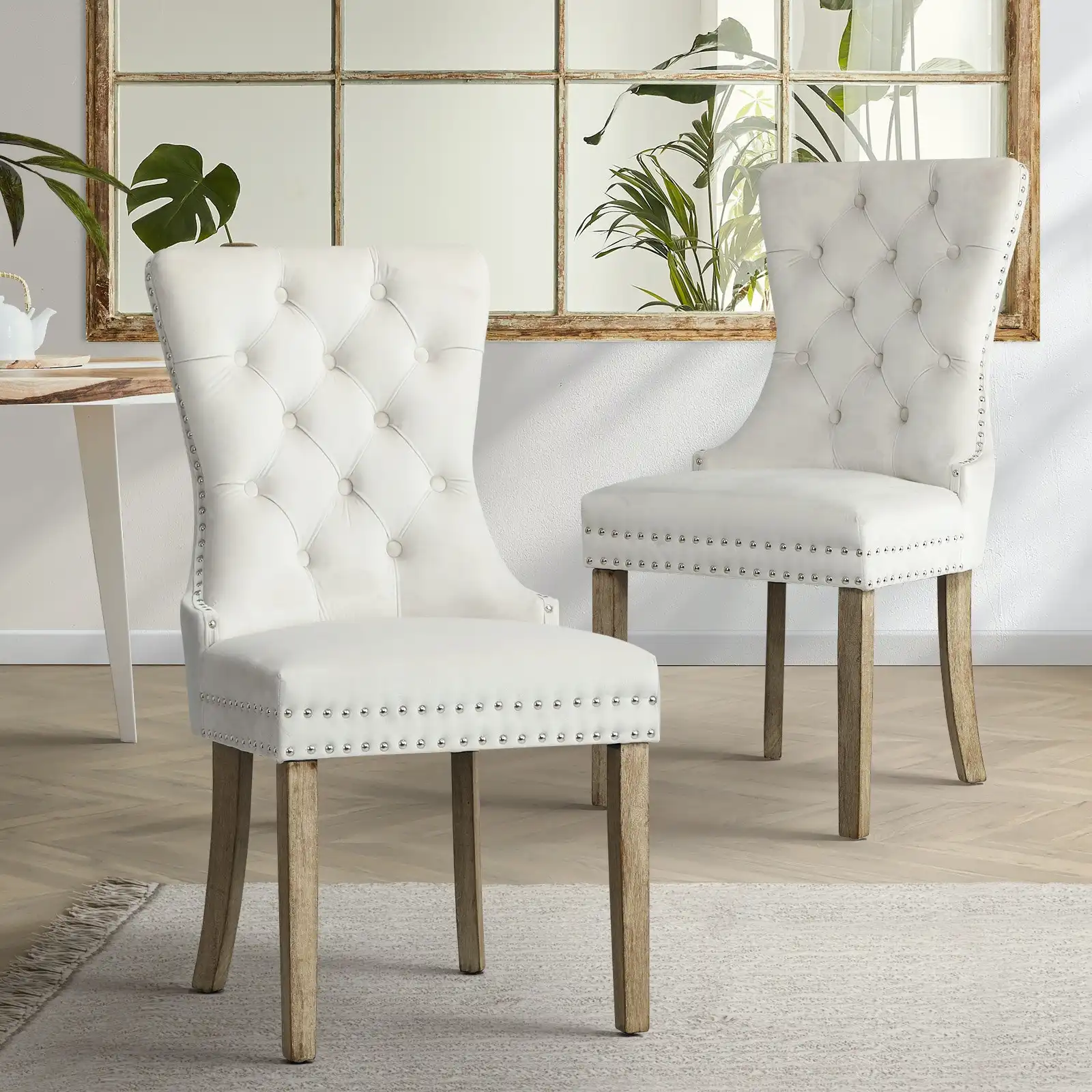 Oikiture 2x Velvet Dining Chairs Upholstered French Provincial Tufted Beige