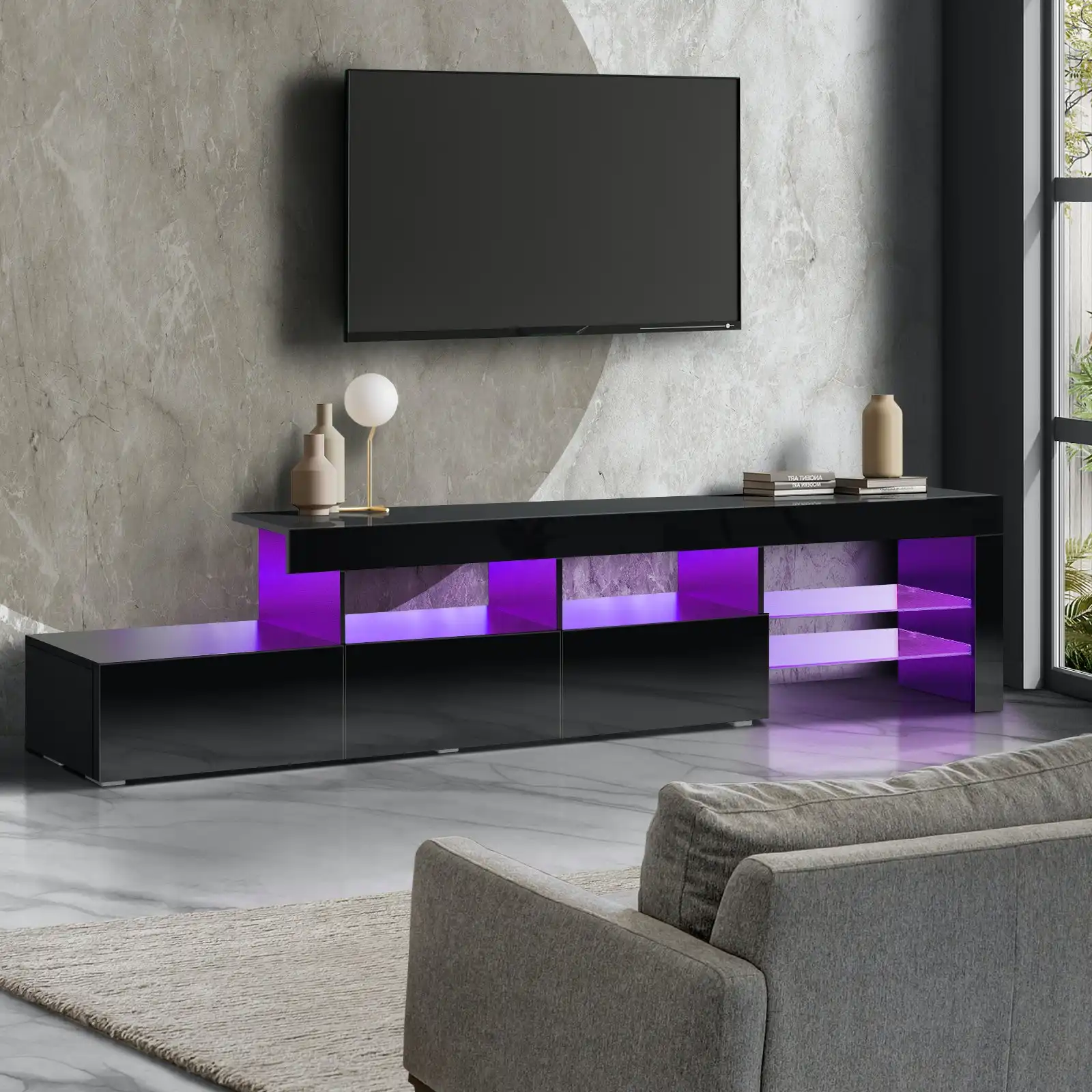 Oikiture TV Cabinet Entertainment Unit Stand RGB LED Gloss Furniture Black 220cm