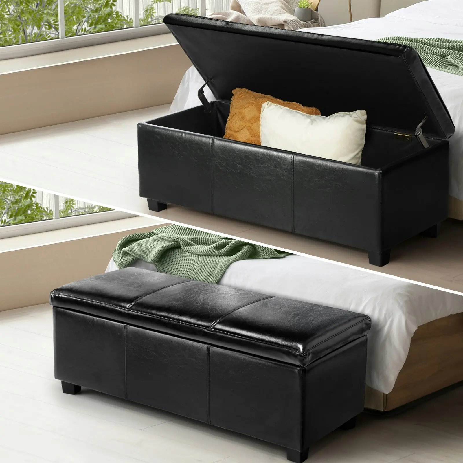 Oikiture Storage Ottoman Blanket Box PU Leather Arm Foot Stool