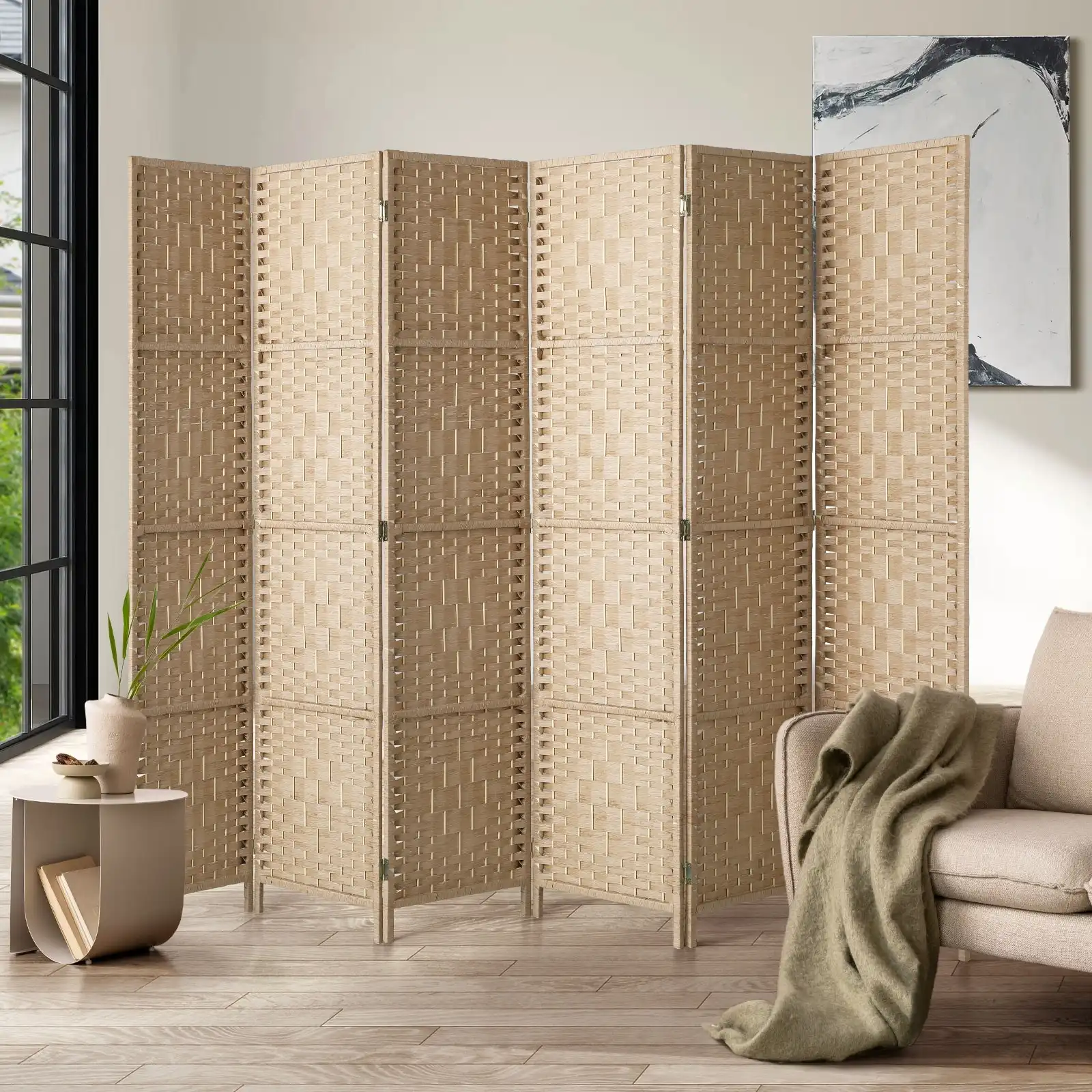 Oikiture 6 Panel Room Divider Privacy Screen Dividers Woven Wood Fold Stand