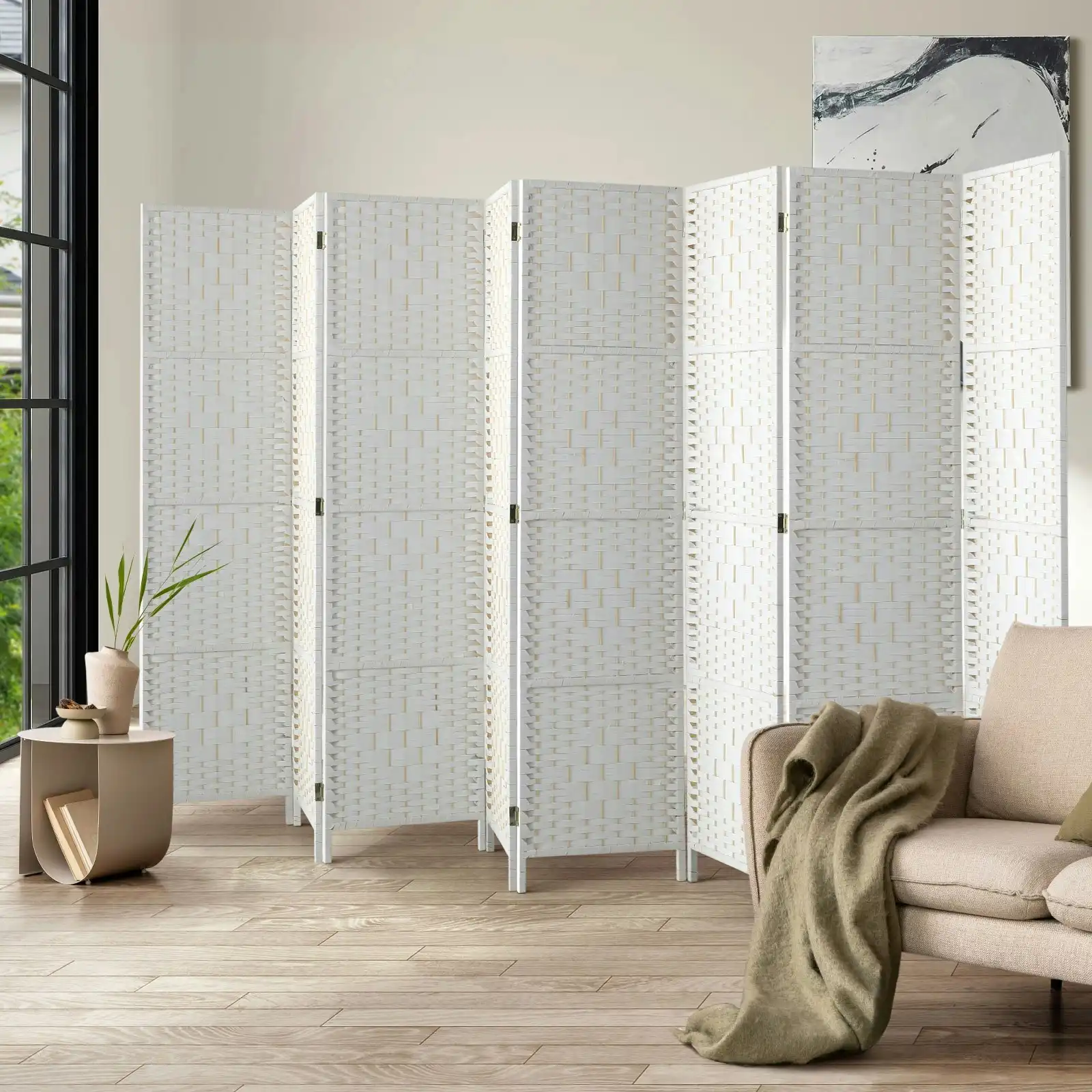 Oikiture 8 Panel Room Divider Screen Privacy Dividers Woven Wood Folding White