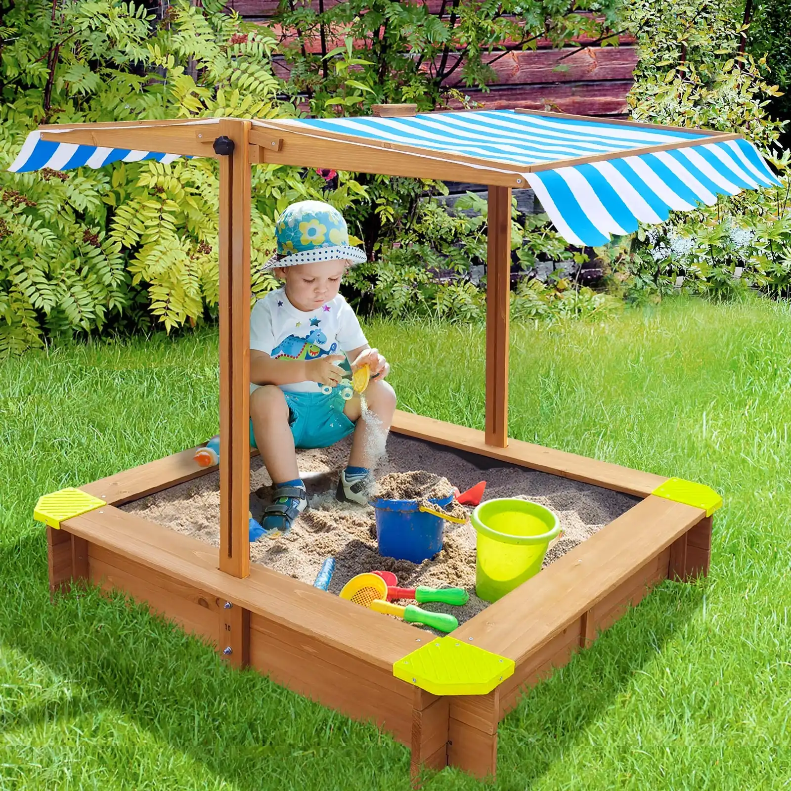 Mazam Kids Sandpit Wooden Sandbox Outdoor Toys Beach Play Box Children Adjustable Canopy