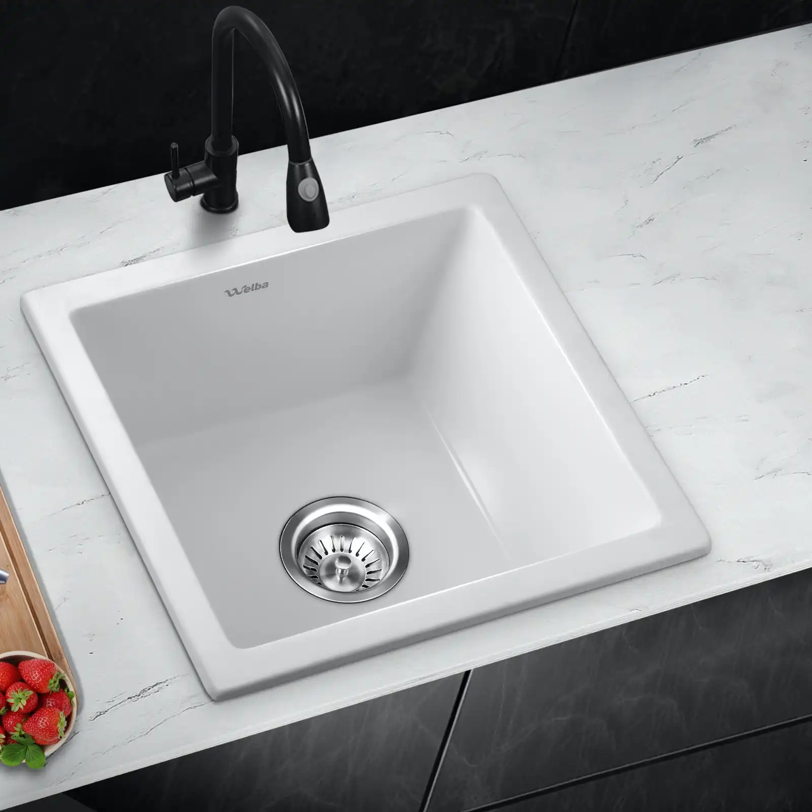 Welba Kitchen Sink Granite Stone Sink Laundry Basin Single Bowl 45cmx45cm White