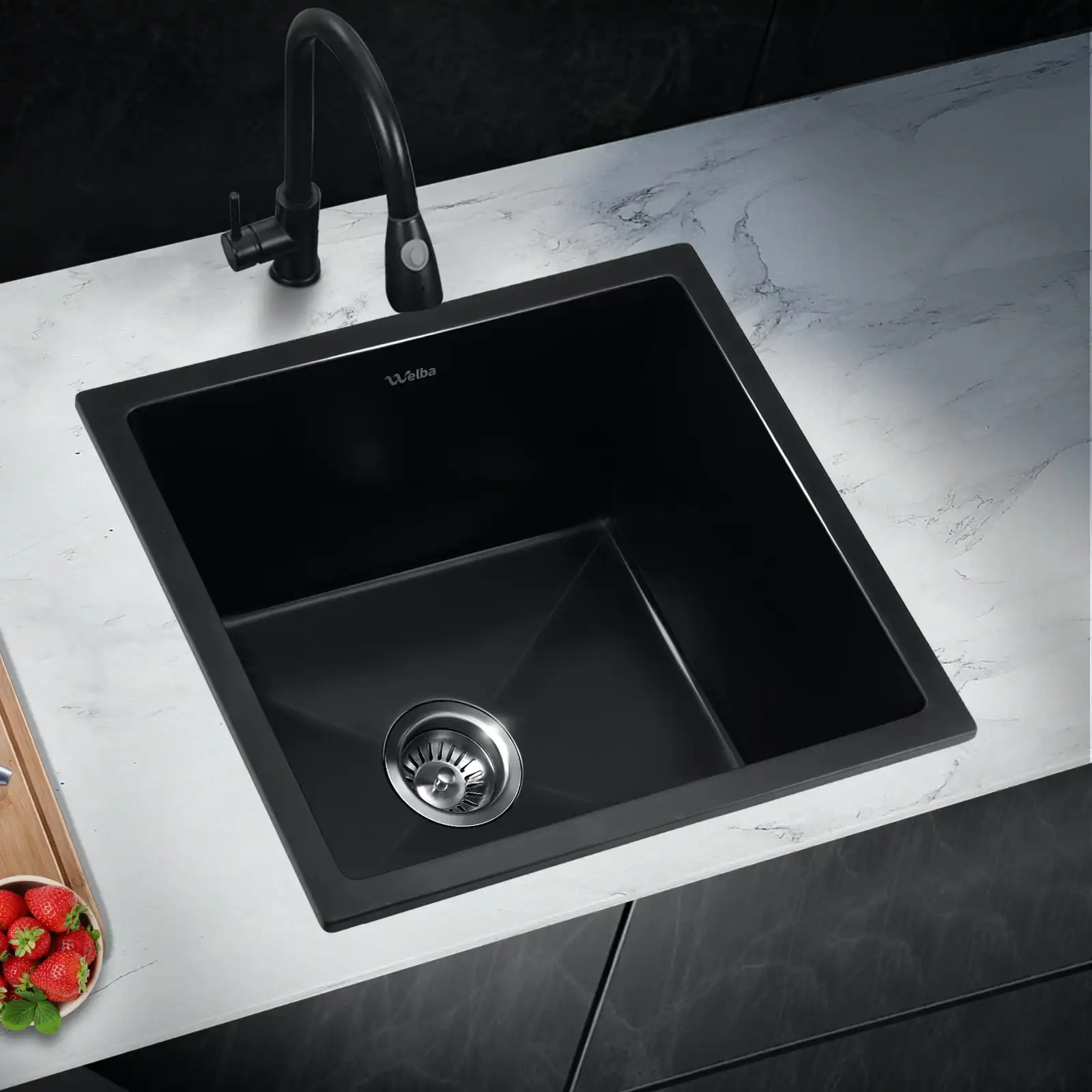Welba Kitchen Sink Granite Stone Sink Laundry Basin Single Bowl 45cmx45cm Black