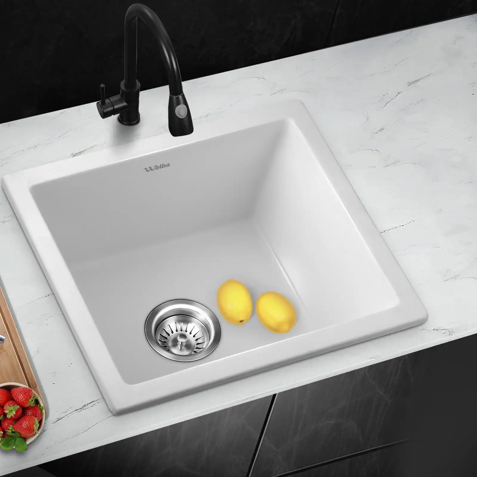 Welba Kitchen Sink Granite Stone Laundry Basin Under/Top Single Bowl 460x410mm