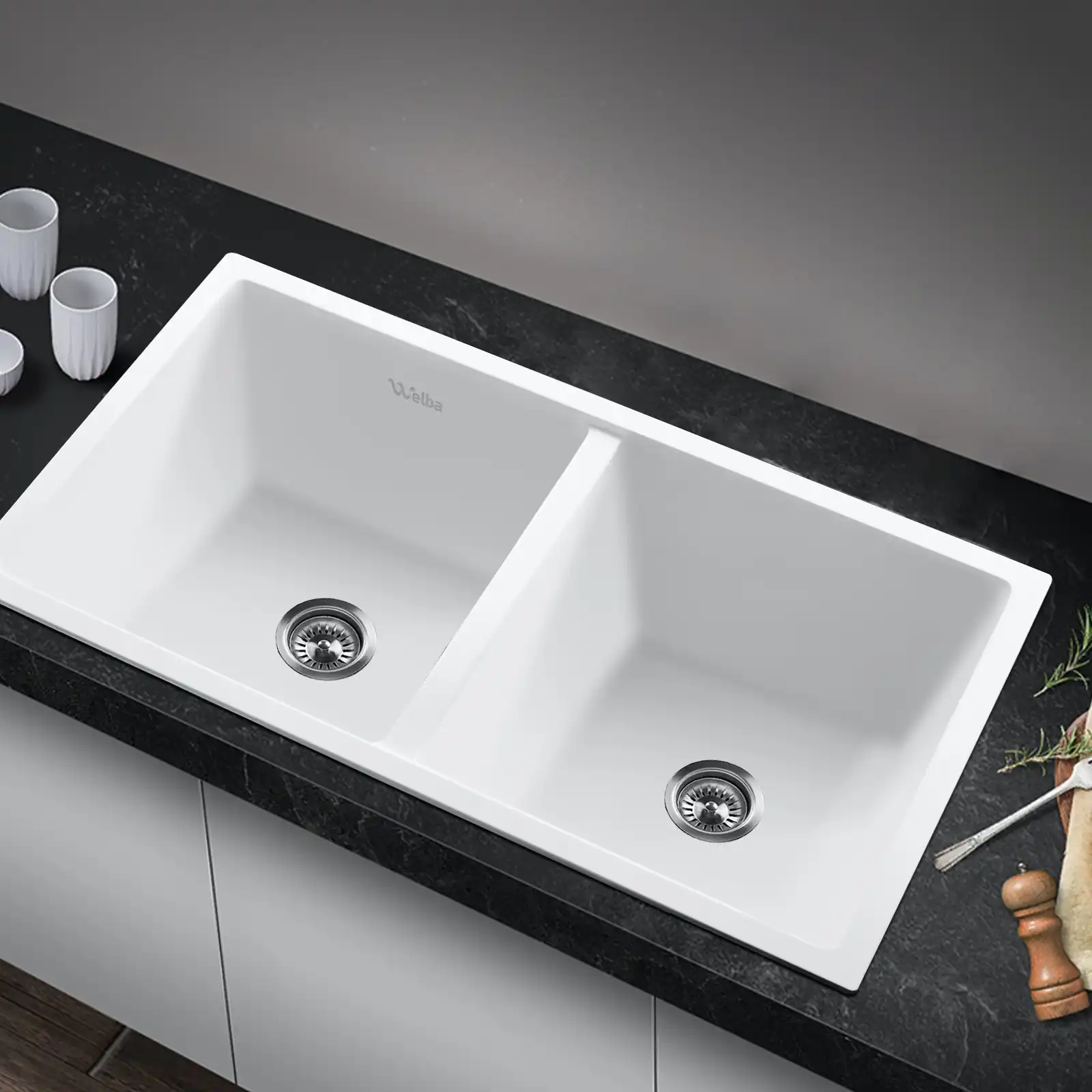 Welba Kitchen Sink Granite Stone Basin Bathroom Laundry Double Bowl 770mmx450mm