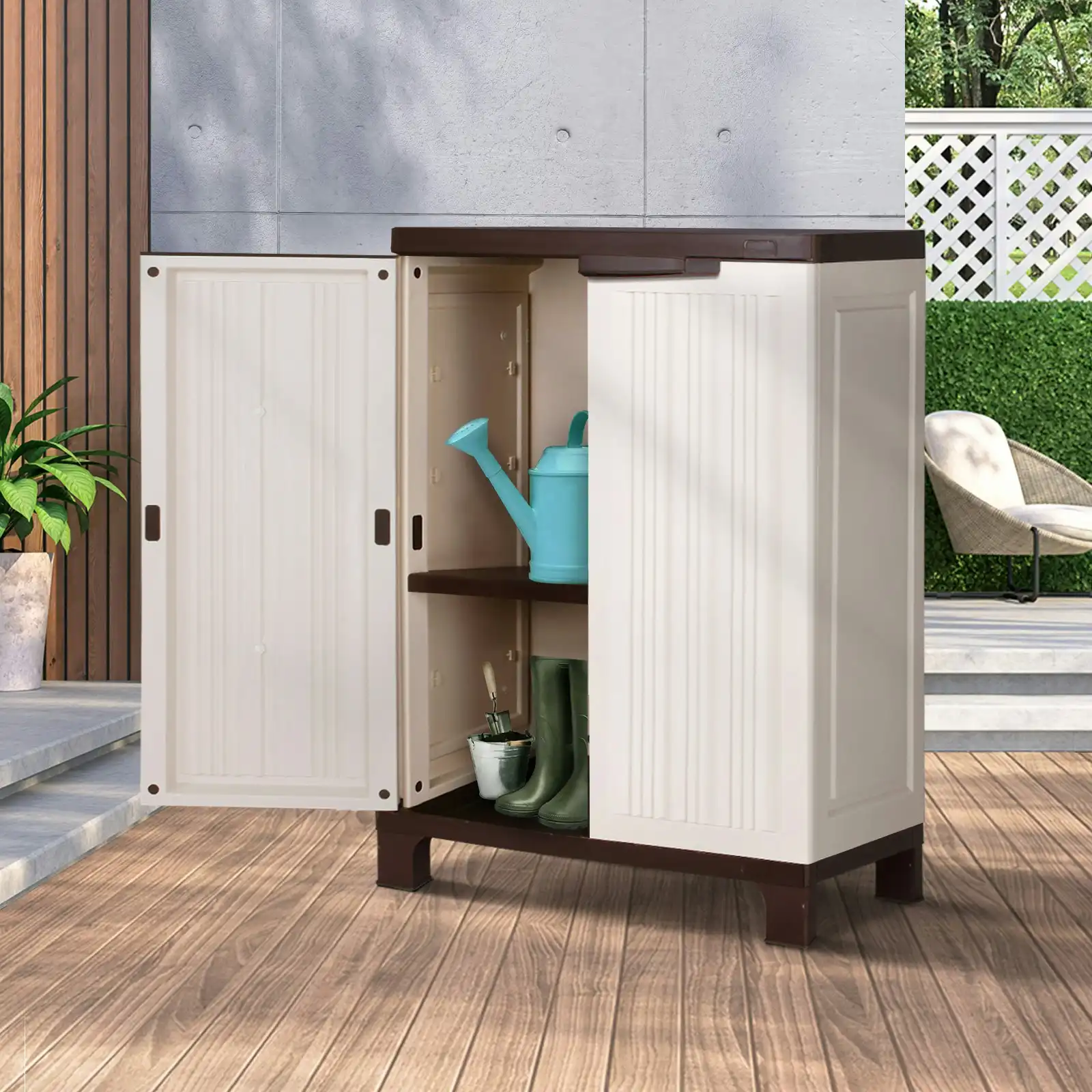 Livsip Outdoor Storage Cabinet Box Garden Garage Cupboard Adjustable Lockable Beige