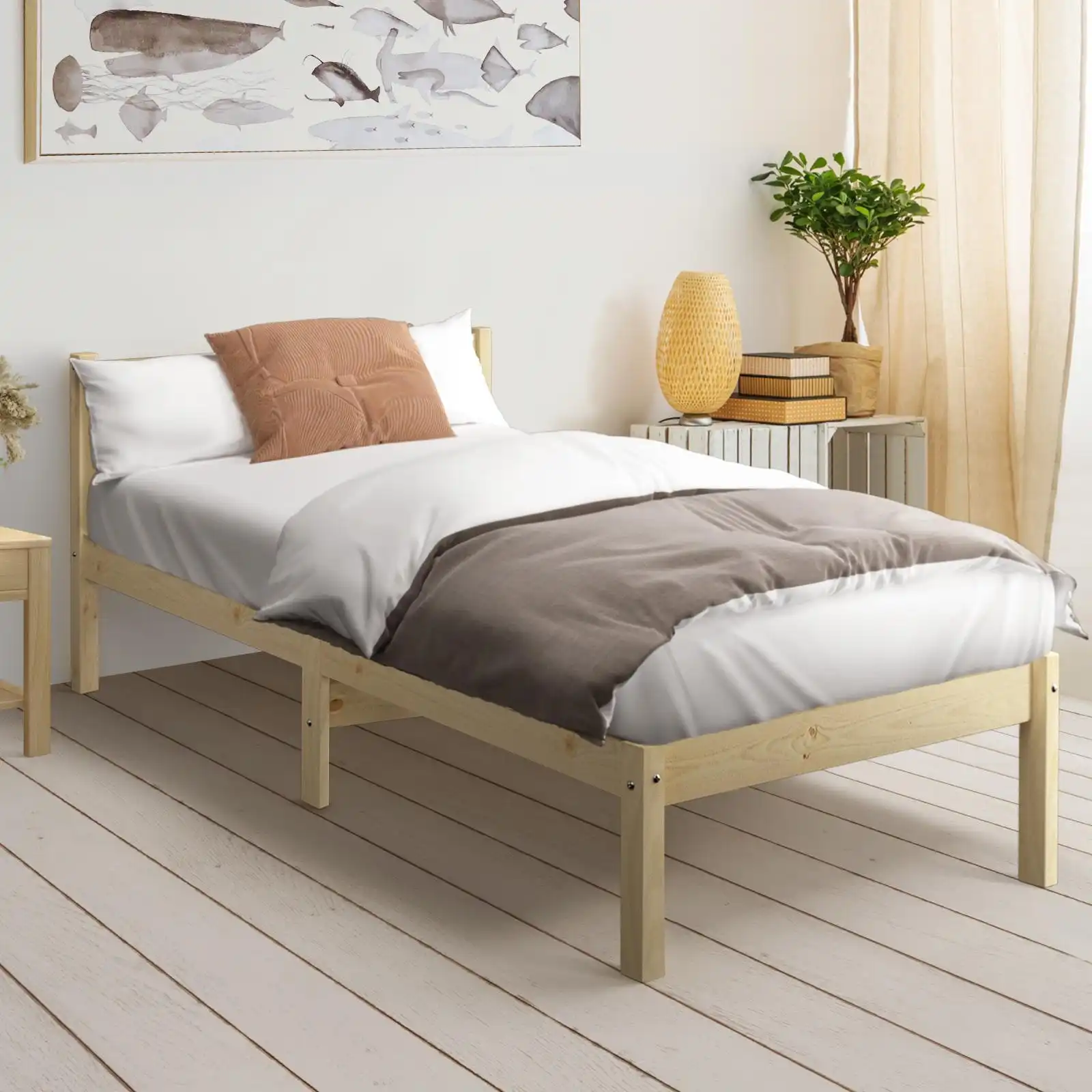 Oikiture Bed Frame King Single Size Wood Timber Mattress Base Platform Headboard