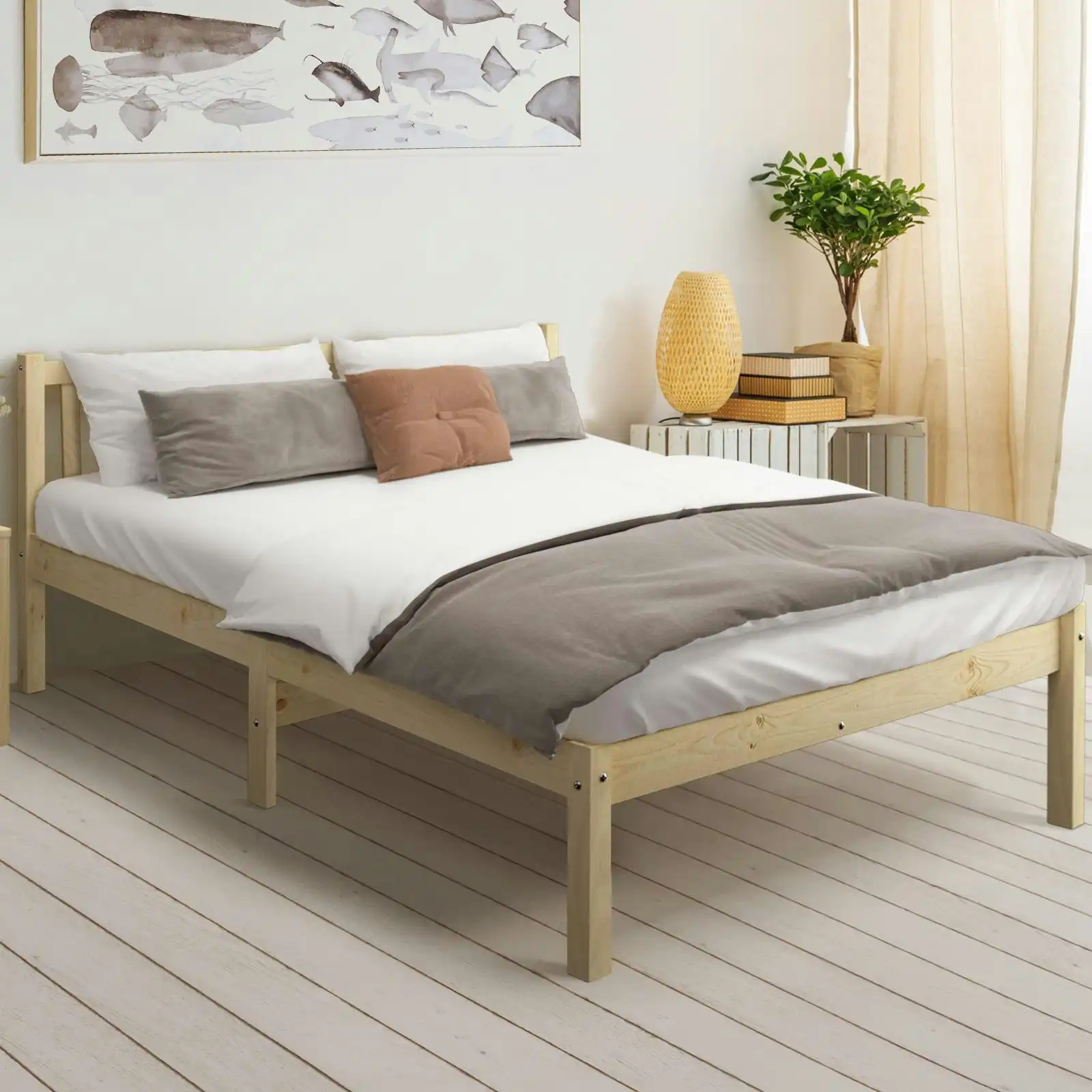 Oikiture Bed Frame Queen Size Wooden Timber Mattress Base Solid Wood Platform