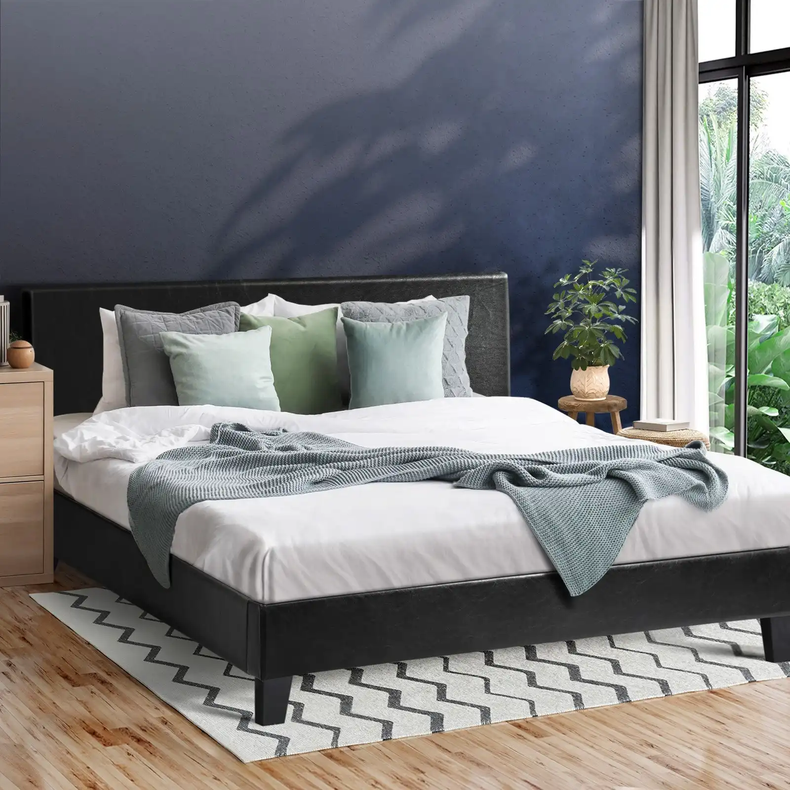Oikiture Bed Frame Double Size Base Mattress Platform Leather Wooden Slats Black