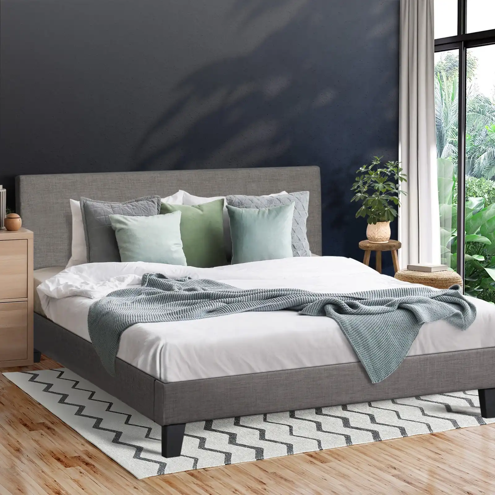 Oikiture Bed Frame Queen Size Mattress Base Platform Wooden Slats Grey Fabric