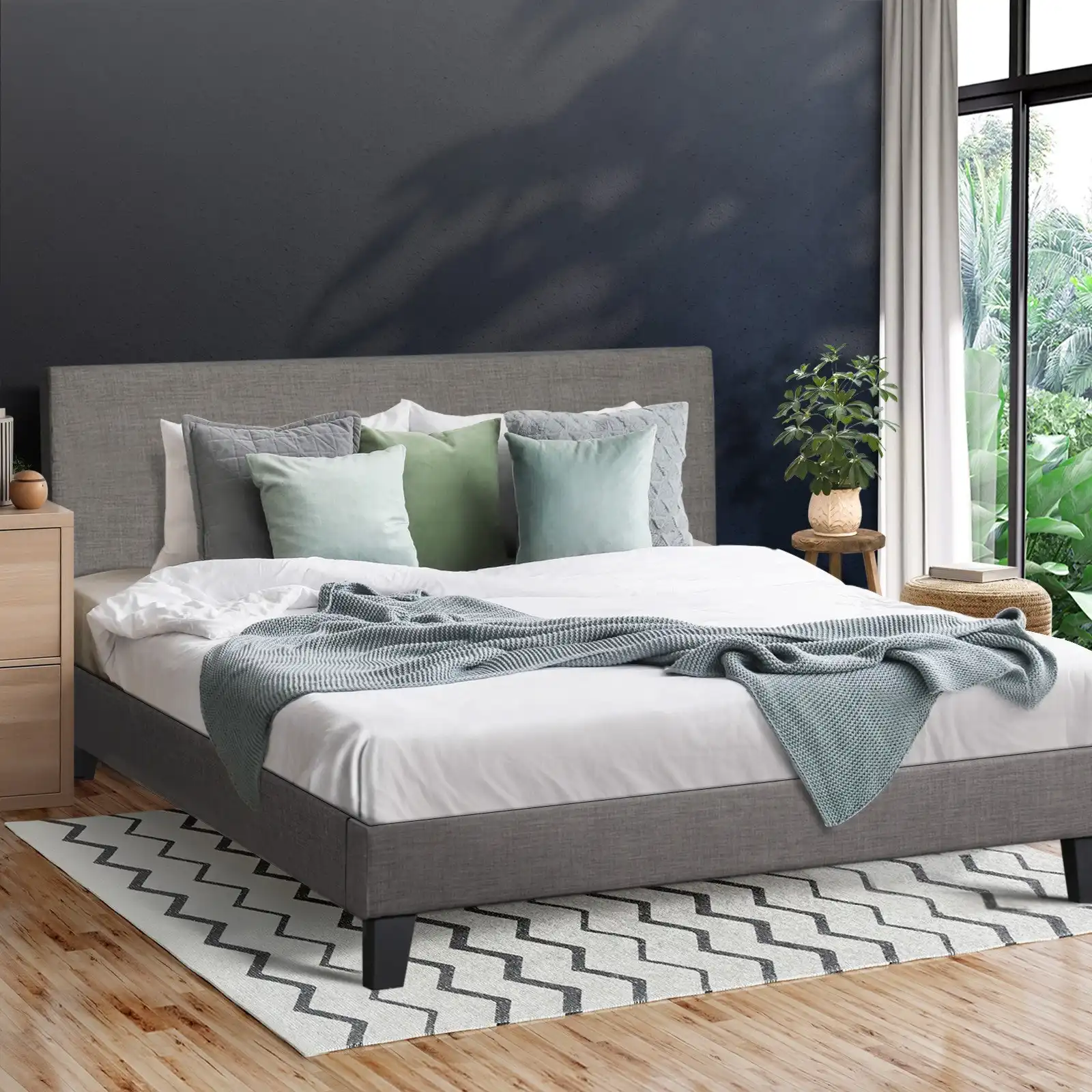 Oikiture Bed Frame Double Size Mattress Base Platform Wooden Slats Grey Fabric
