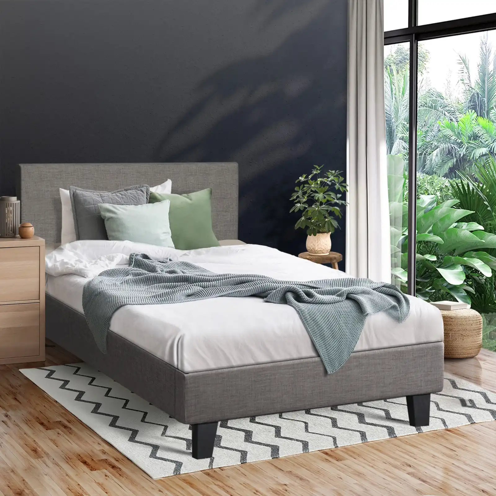 Oikiture Bed Frame King Single Size Mattress Base Platform Wooden Slats Fabric