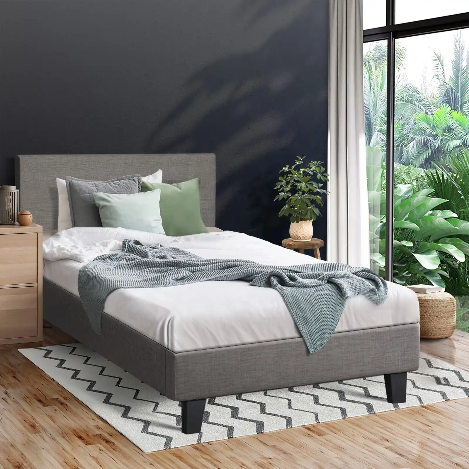 Oikiture Bed Frame Single Size Mattress Base Platform Wooden Slats Grey Fabric
