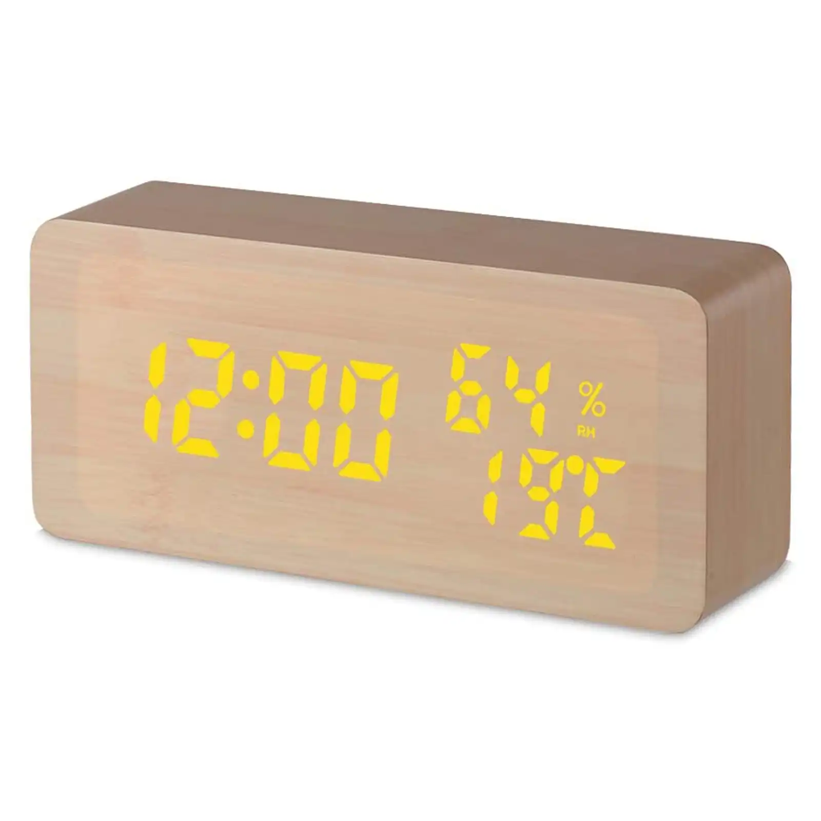 TODO LED Digital Alarm Clock Woodgrain Temperature Humidity USB Power - Beige