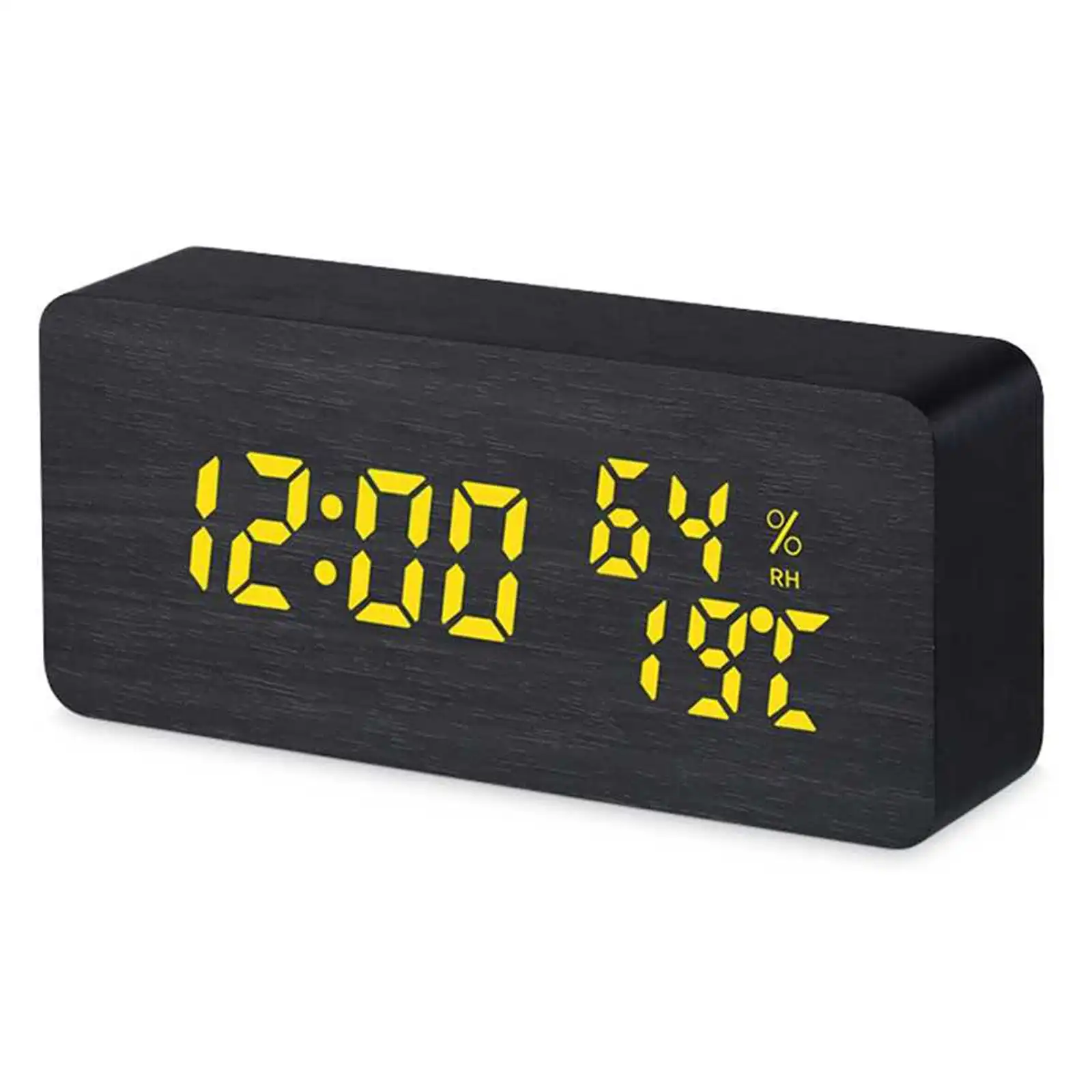 TODO LED Digital Alarm Clock Woodgrain Temperature Humidity USB Power - Black