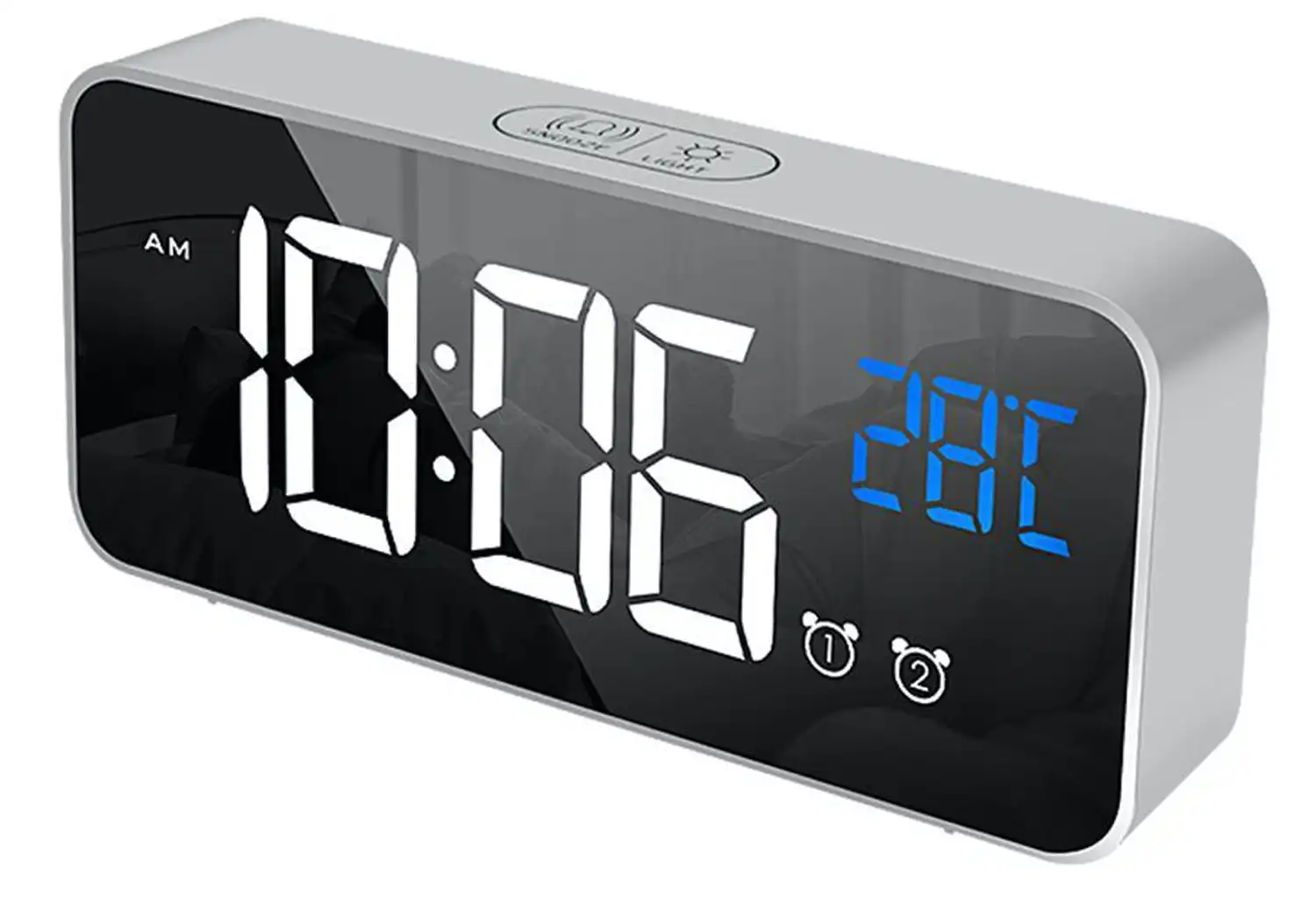 TODO LED Digital Alarm Clock Temperature Music Alarm USB Rechargeable - Silver